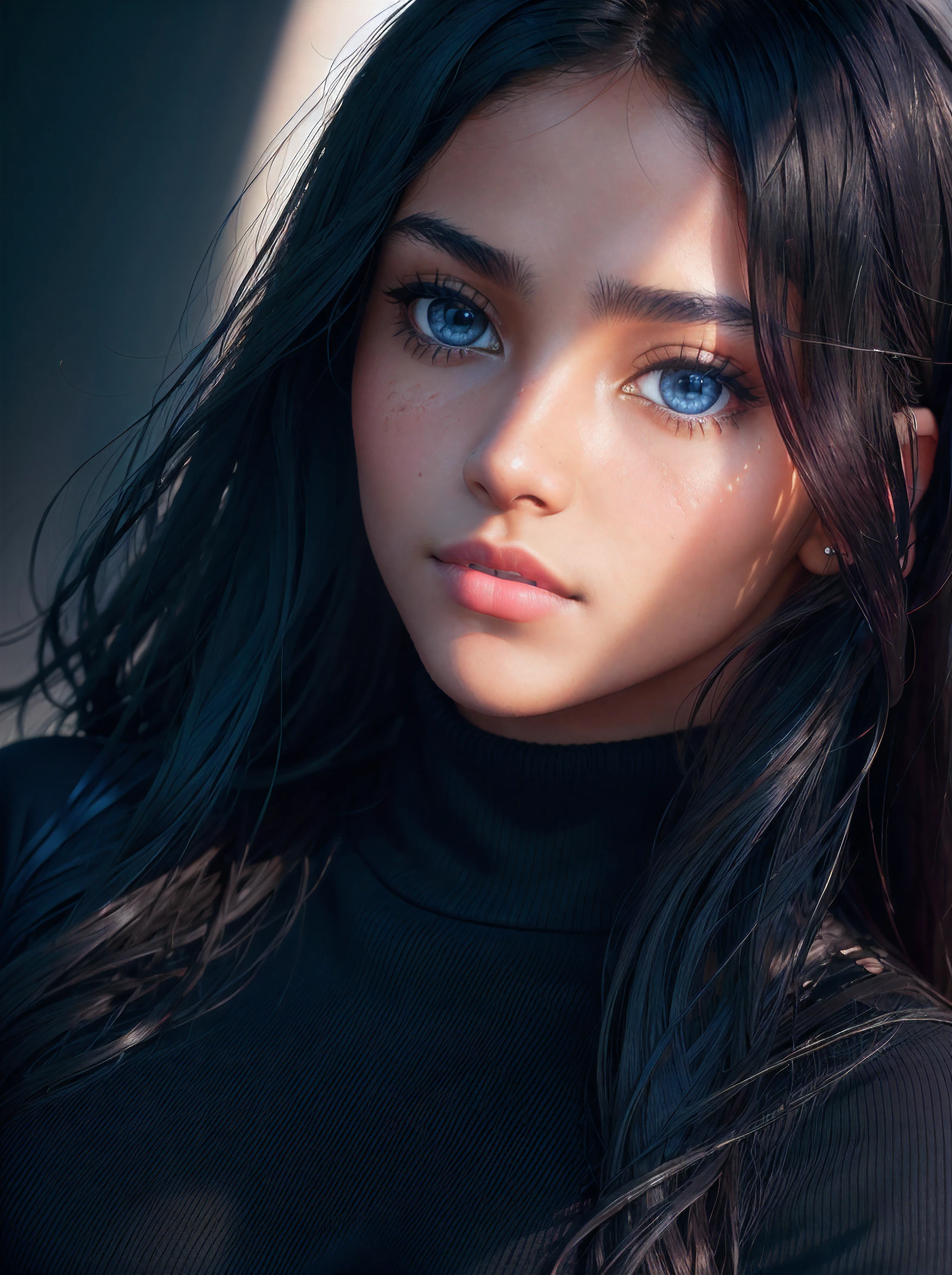 high angle photo of a gorgeous young woman in the style of stefan kostic, very very long hair, very big blue eyes, realistic skin texture, looks up, black sweatshirt, black thong, 1 / 2 body crop, 8 5 mm art lens, f 1. 2, sharp focus, 8 k high definition, insanely detailed, intricate, elegant, art by stanley lau and artgerm