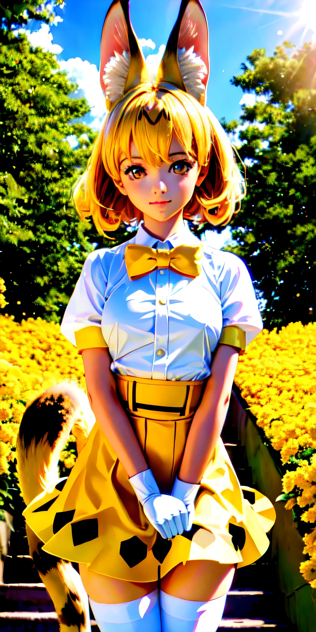 (((professional: step by step, considering even the smallest detail, god level final result))): "beautiful, masterpiece, best quality, realistic photo 1girl, serval,  blonde hair,  cat ears, cat tail, very low waisted miniskirt, highres, kemono friends, large breasts, looking at viewer, orange eyes,  tail, thighhighs, w arms, white gloves, white microshirt, yellow miniskirt, yellow thighhighs  "