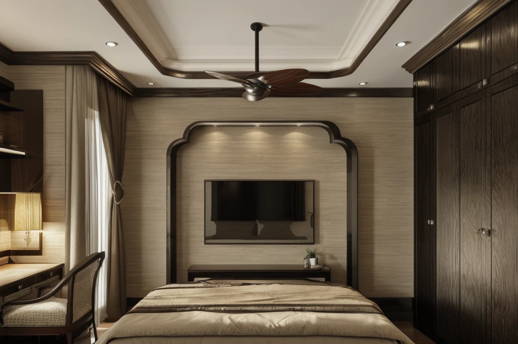 ((masterpiece,best quality,highres,sharp forcus)) (((detail forcus))) , (bedroom in style of Indochina style ) window and curtain ,glossy black wooden furniture,