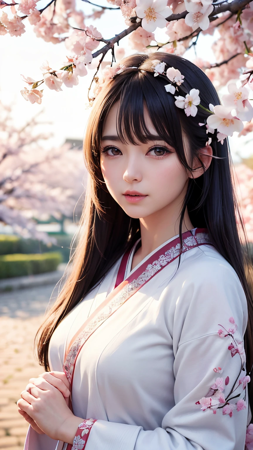 (A logo、masterpiece、8K、masutepiece、Raw photo、Fantastic、Best Quality、Photorealistic、extremely detailed CG unified 8k wallpaper、hightquality、ighly detailed、epic poem、Particle effect、Dynamic effects、depth of fields、Cinematic Light、Lens Flare、Ray tracing)、Fantasia、 (Beauty 1 person、White Japanese Clothing、Japanese dress、White cherry blossom pattern、White cherry blossom embroidery pattern、A dark-haired、Beautiful face、Real Face、Beautiful detail eyes、Beautiful skin)、Hair flutters in the wind、Hair jumps、Pink cherry blossom tree、Petals flutter、Sakura blizzard、Superb view、morning glow、Sun in the background、the wind、Deities、tusk、myth、Vast Land、