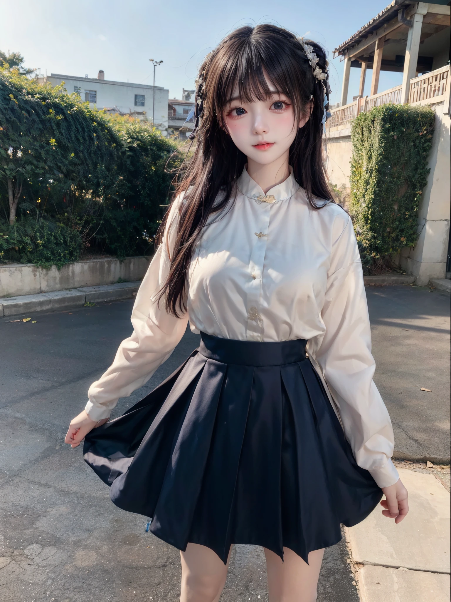 Original quality, highest quality, best image quality, exaggerated detail, cute 8-year-old asian girl with shy expression, slightly squinted eyes, adjust her hair, long eyelashes (long / very, in uniform) outdoors, posing in front of the camera, focus on breasts. Wear a white shirt.，boobs big breast，The chest is more exposed，short Thin silk lace petticoat