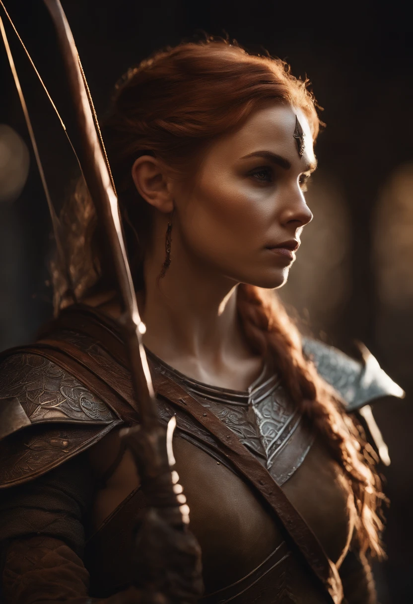 a close up of a elf with a longbow and face scars, copper, young elf female , with tattoos and scars on the body, female elf portrait, covered in scale armour, fit young female , concept art of god, muscular , young god, ranger female fantasy gloom stalker, detailed full body concept, wood elf ranger character, immortal, no wrinkles, sitting in tavern, blood covered face