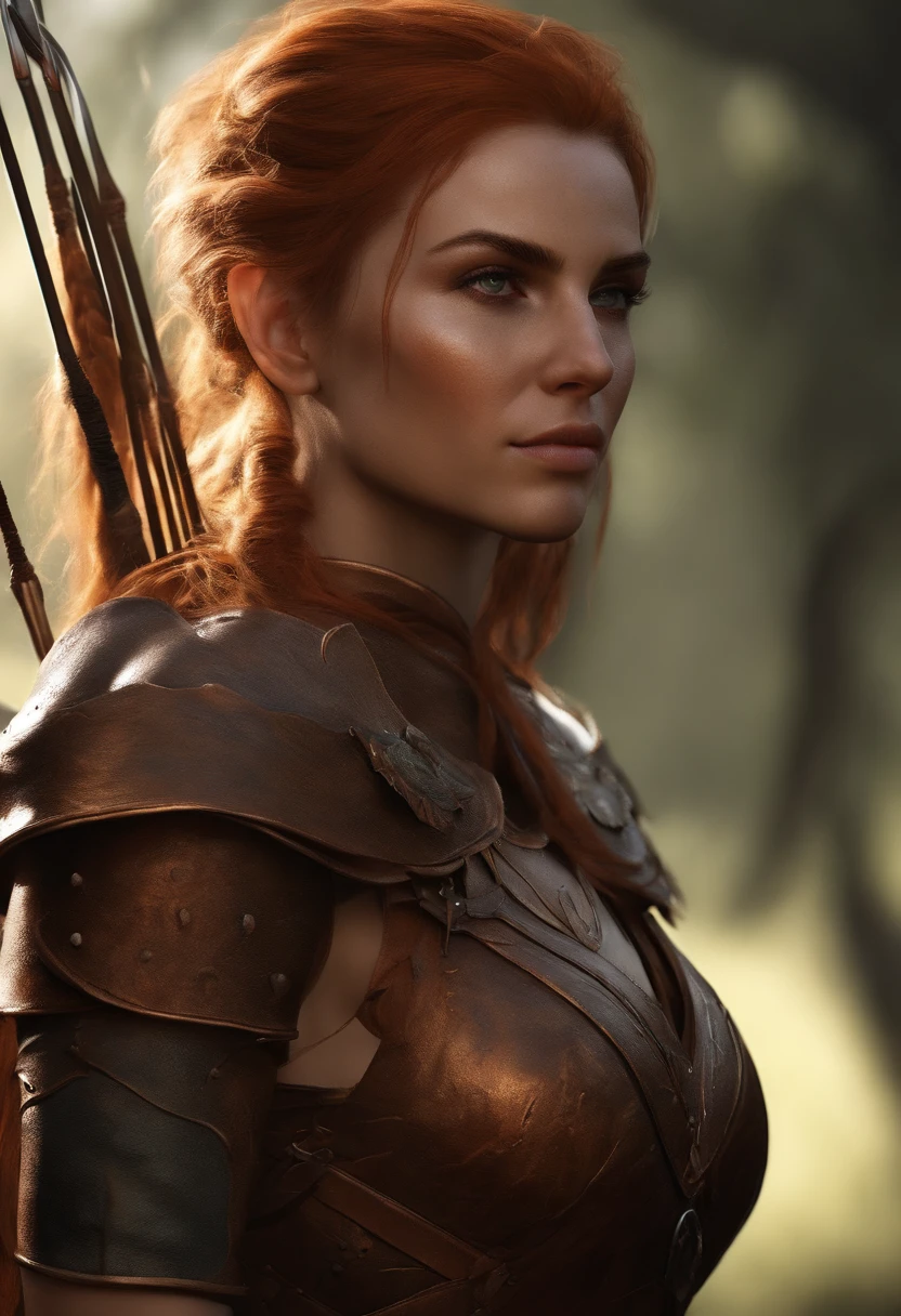 a close up of a elf with a longbow and face scars, copper, young elf female , with tattoos and scars on the body, female elf portrait, covered in scale armour, fit young female , concept art of god, muscular , young god, ranger female fantasy gloom stalker, detailed full body concept, wood elf ranger character, immortal, no wrinkles, sitting in tavern, blood covered face