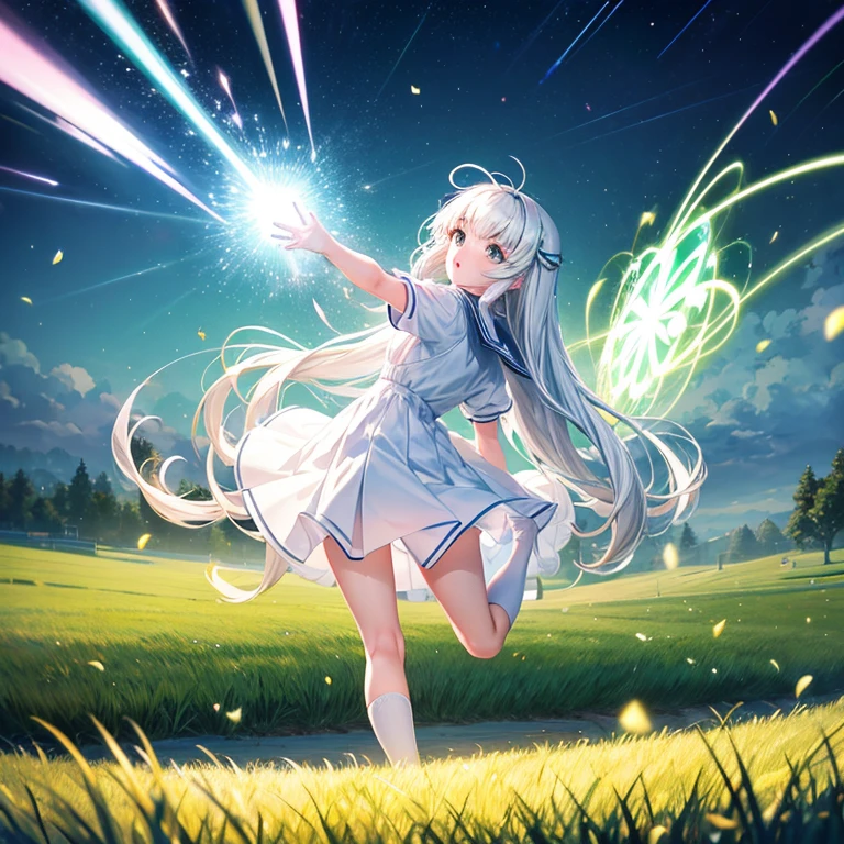 animesque　s girl　natta　White dress　big electric light　grass field　Particles of light