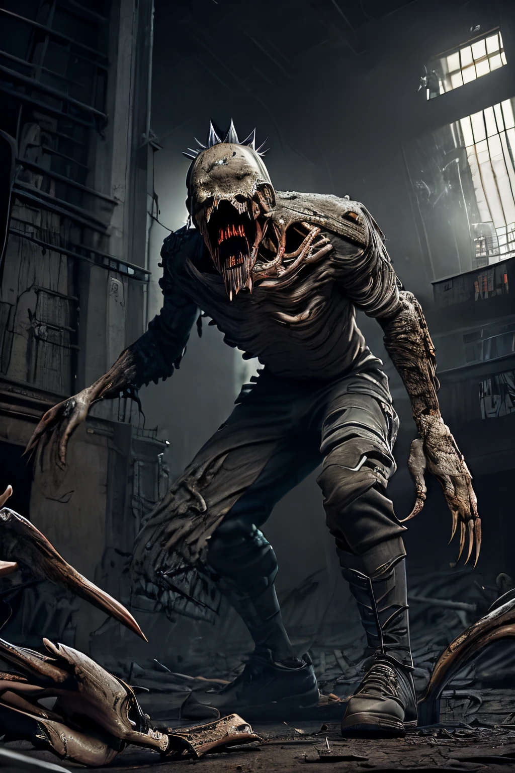 (extremely detailed 8k wallpaper), Dark Theme, (zombie), ((grey eyes)), uses (torn clothes), ((large claws)), ((sharp teeth)), ((gray skin)), (((Bone Spikes on the body))), fine focus, (subsurface dispersion:1.1), centered face, (((realistic))), (((Full Body))), award-winning photography, dramatic lighting, underground building.