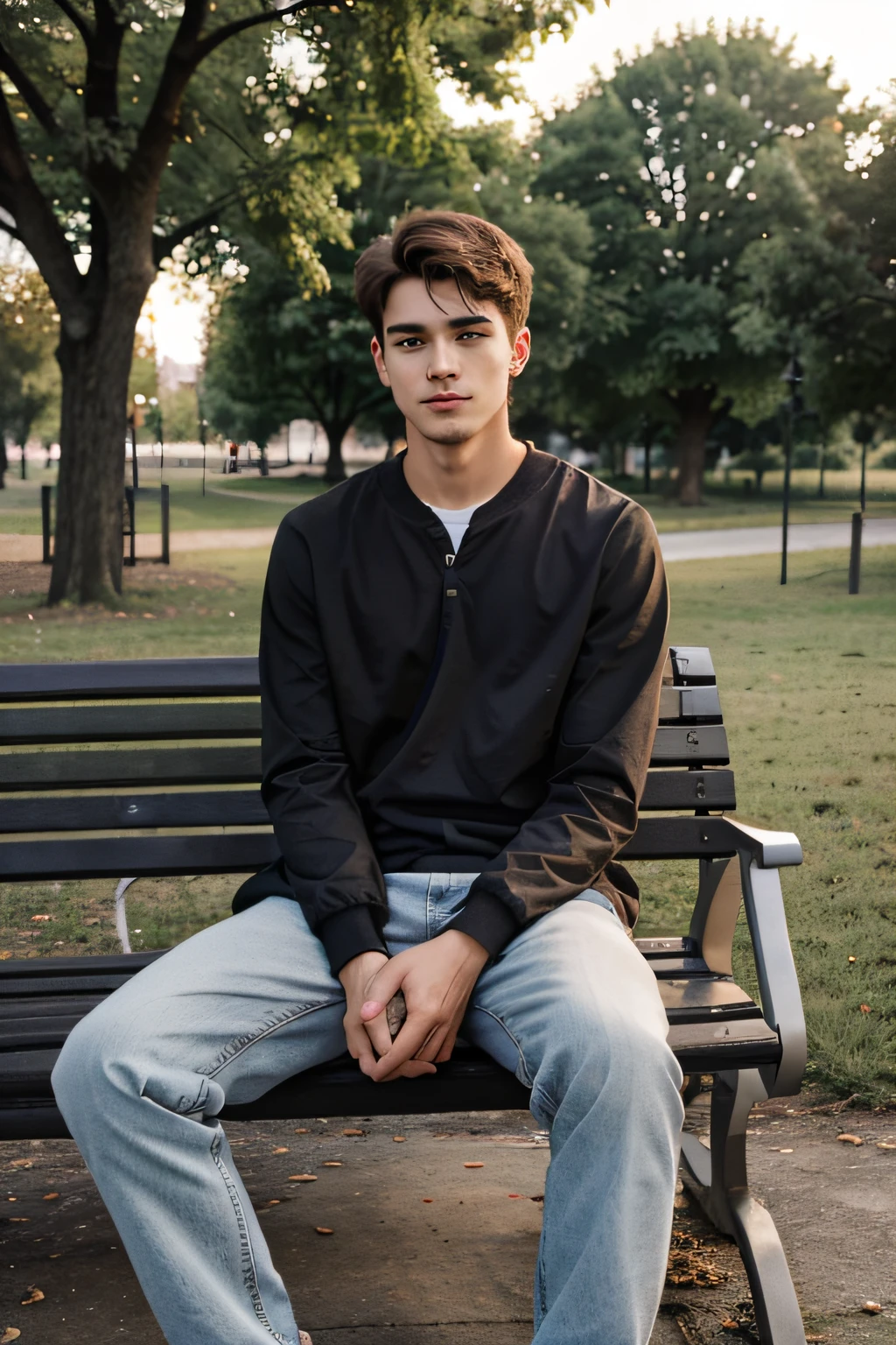 a 20-year-old handsome man sits on a bench in a park in the evening