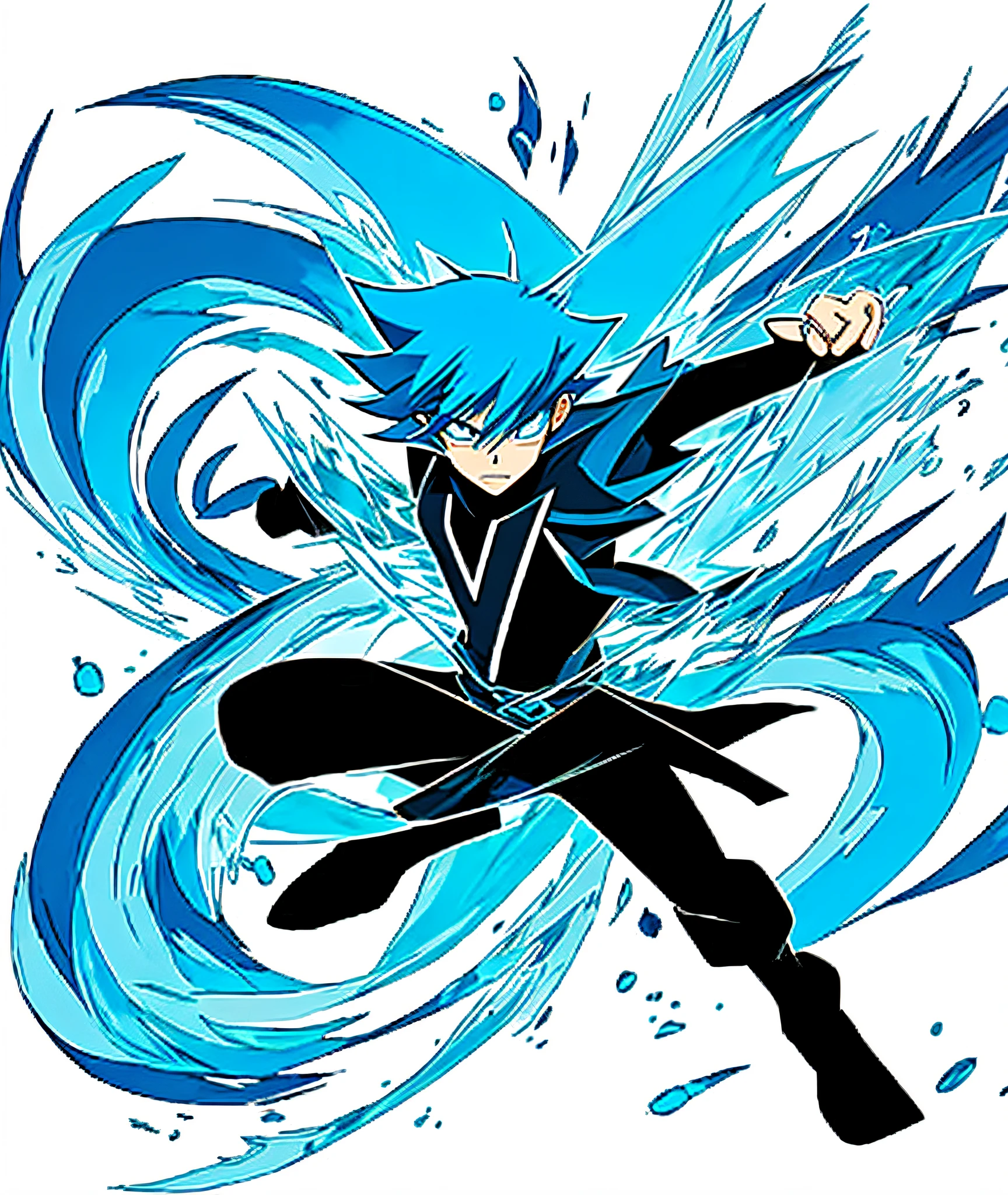 Anime boy with blue hair and blue eyes flying in the air, Two-dimensional anime, 2 d anime style, Two-dimensional art, 2d art, Fighting posture, super super dynamic dynamic pose, Inspired by Yunichi Hiratsuka, Anime style characters, comic character, flying anime esper, full bodyesbian!! Dynamic Action Pose, 2D sprites, two-dimensional numbers