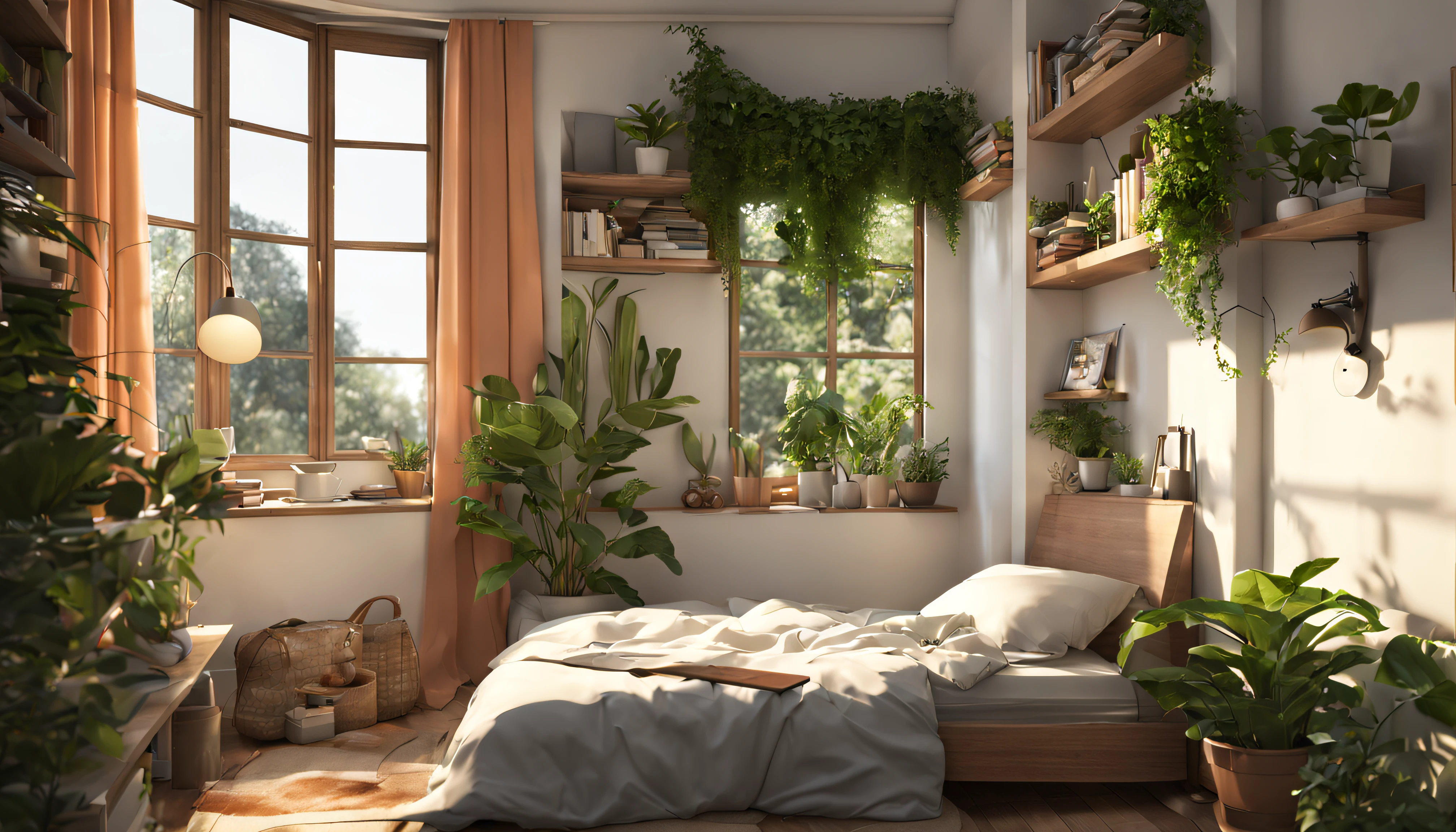 The room is a small bedroom with a bed, a window, and a bookshelf. The bed is positioned in the corner of the room, and there is a window above it, allowing natural light to enter the space. The bookshelf is filled with books, indicating that the occupant enjoys reading. Additionally, there are two potted plants in the room, one near the window and the other near the bed, adding a touch of greenery and life to the space.