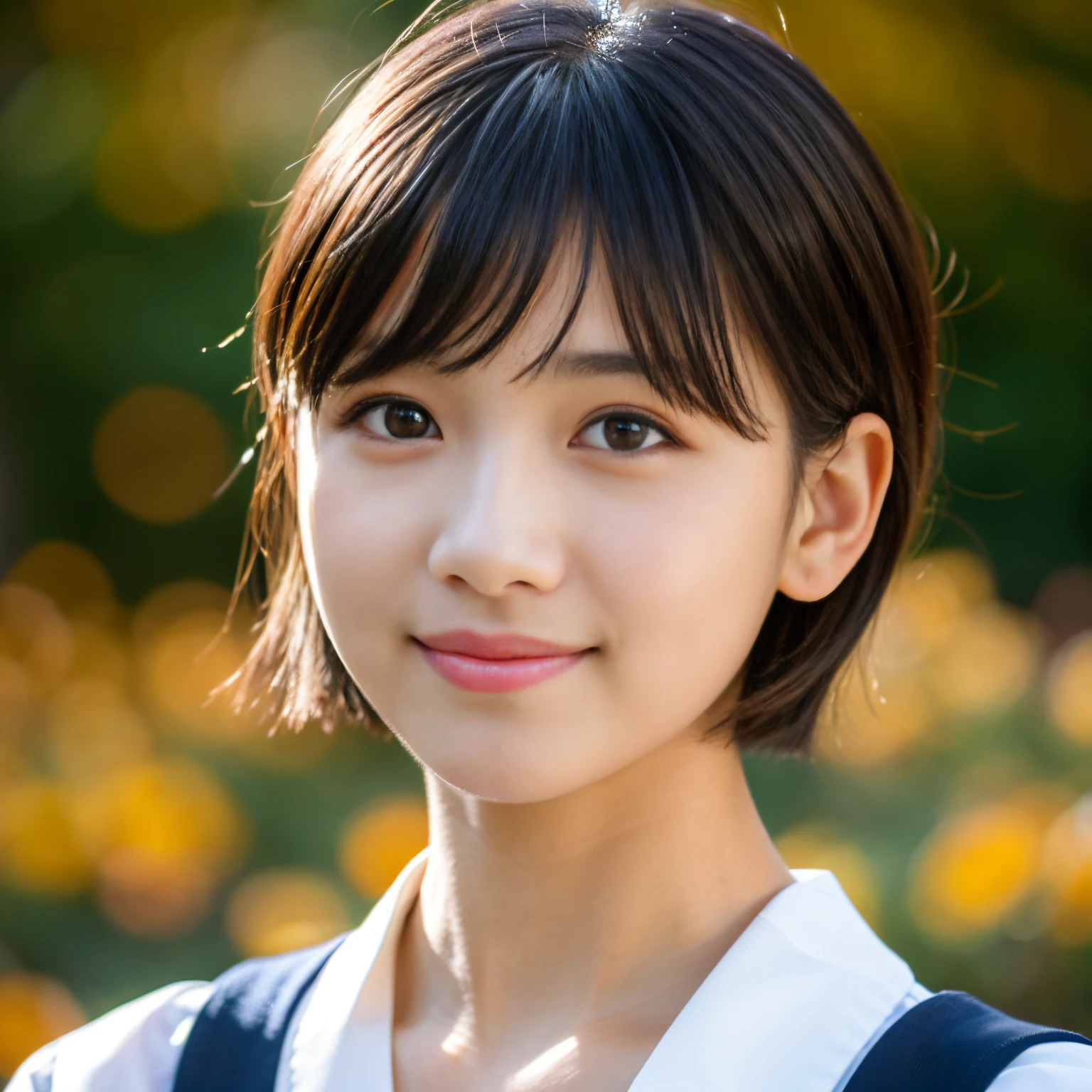 Best-quality, Masterpiece, Ultra-High-Resolution, (Photorealistic:1.4), Raw-Photo, Extremely-Details, Perfect-Anatomy, 

at school playground in autumn, 

1girl, the most popular Japanese idol, portrait, wearing only Japanese school uniform, looking at viewer, innocent smile,  

extremely cute face like a most famous Japanese idol, extremely beautiful big
black solid circle eyes, extremely beautiful long eyelashes, extremely beautiful lips, extremely beautiful black short cut haired, 

detailed cute face, detailed beautiful big black solid circle eyes, detailed beautiful long eyelashes, detailed beautiful lips, detailed beautiful black short cut haired