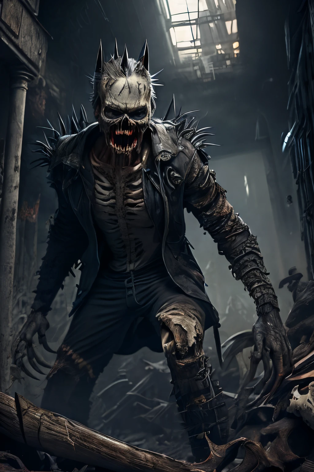 (extremely detailed 8k wallpaper), Dark Theme, (zombie), ((grey eyes)), uses (torn clothes), ((large claws)), ((sharp teeth)), ((gray skin)), (((Bone Spikes on the body))), fine focus, (subsurface dispersion:1.1), centered face, (((realistic))), (((Full Body))), award-winning photography, dramatic lighting, underground building.