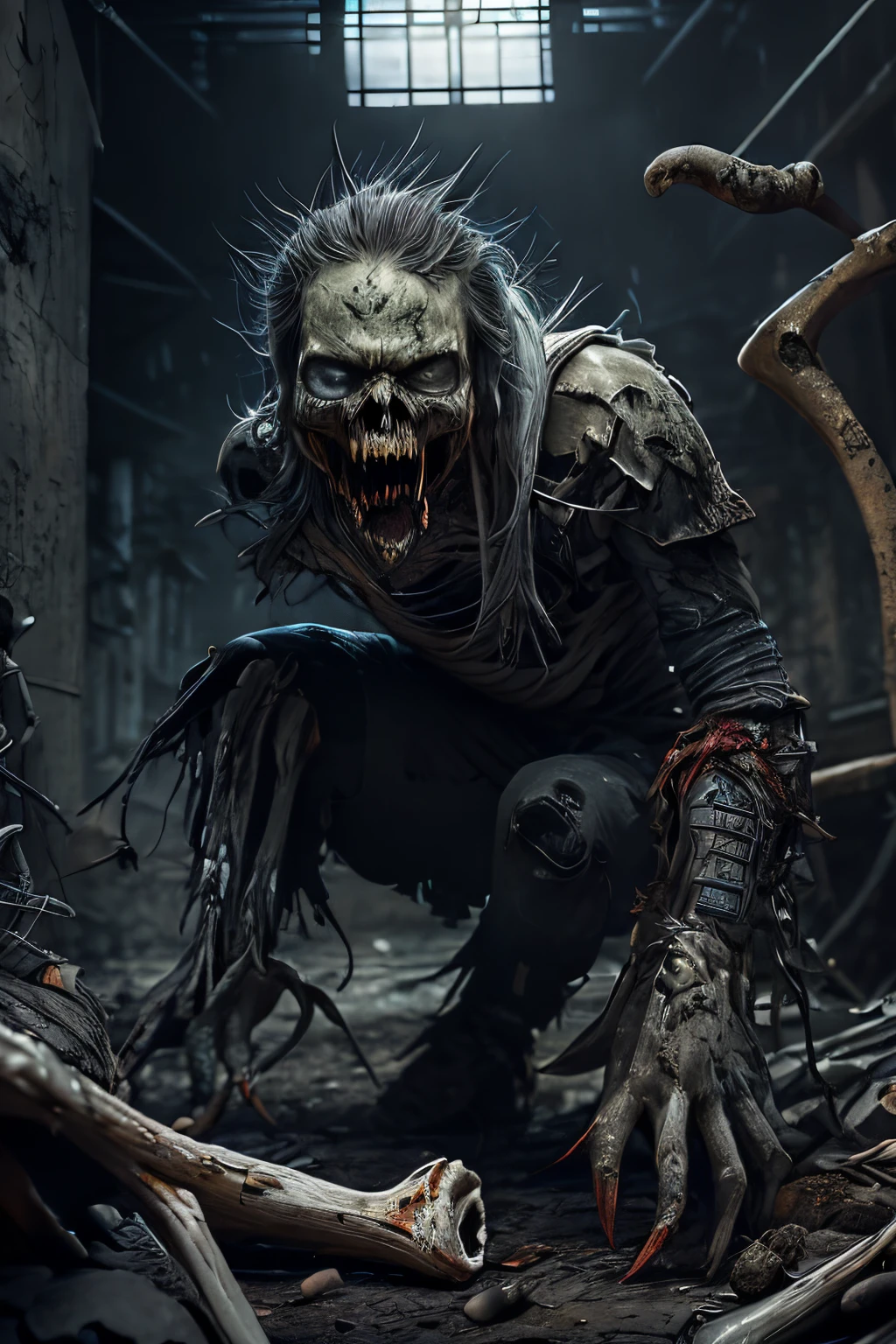 (extremely detailed 8k wallpaper), Dark Theme, (zombie), ((grey eyes)), uses (torn clothes), ((large claws)), ((sharp teeth)), ((gray skin)), (((Bone Spikes on the body))), fine focus, (subsurface dispersion:1.1), centered face, (((realistic))), (((Full Body))), award-winning photography, dramatic lighting, underground building.