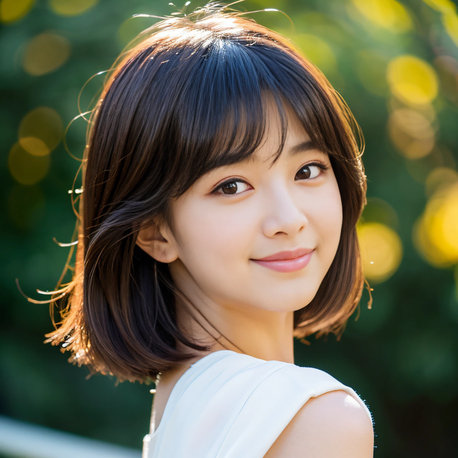 Best-quality, Masterpiece, Ultra-High-Resolution, (Photorealistic:1.4), Raw-Photo, Extremely-Details, Perfect-Anatomy, 

at school playground in autumn, 

1girl, 15-years-old, the most popular Japanese idol, portrait, wearing only Japanese school uniform, looking at viewer, ((innocent smile)),  

extremely cute face like a most famous Japanese idol, extremely beautiful big
black solid circle eyes, extremely beautiful long eyelashes, extremely beautiful lips, extremely beautiful black short cut haired, 

detailed cute face, detailed beautiful big black solid circle eyes, detailed beautiful long eyelashes, detailed beautiful lips, detailed beautiful black short cut haired