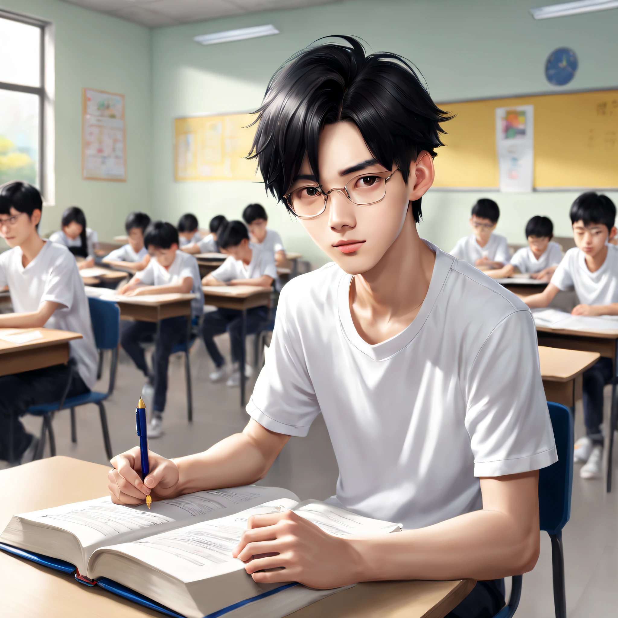 There is a person sitting in the classroom, boy, Male classmates, In a classroom on campus, This male classmate is wearing a white T-shirt, with short black hair, A pen in his hand, There are exam papers, There are books, Lenses mainly focus on the upper body, Lopf art style ((Xinhai City), CGStation Popular, Xinhaicheng H 2160, Inspired by Bian Shoumin, Xinhai City, plans, Guwitz style, high-quality picture, 4K, 8K, settle,