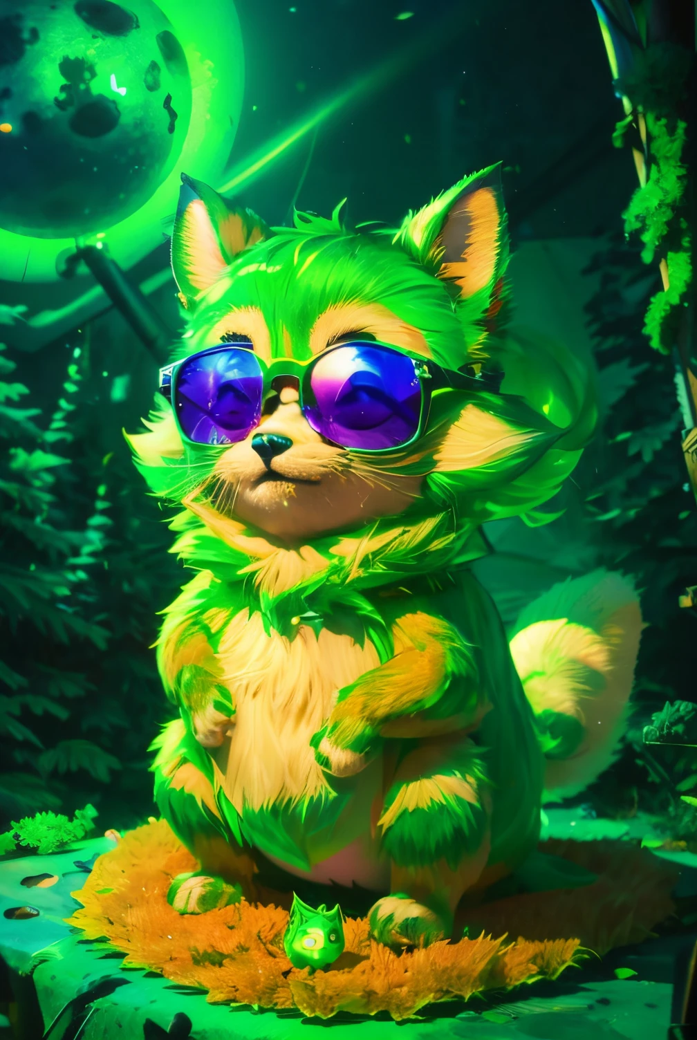 green afro hair、Lunette de soleil、Popular DJ style、in 8K、Anime style、