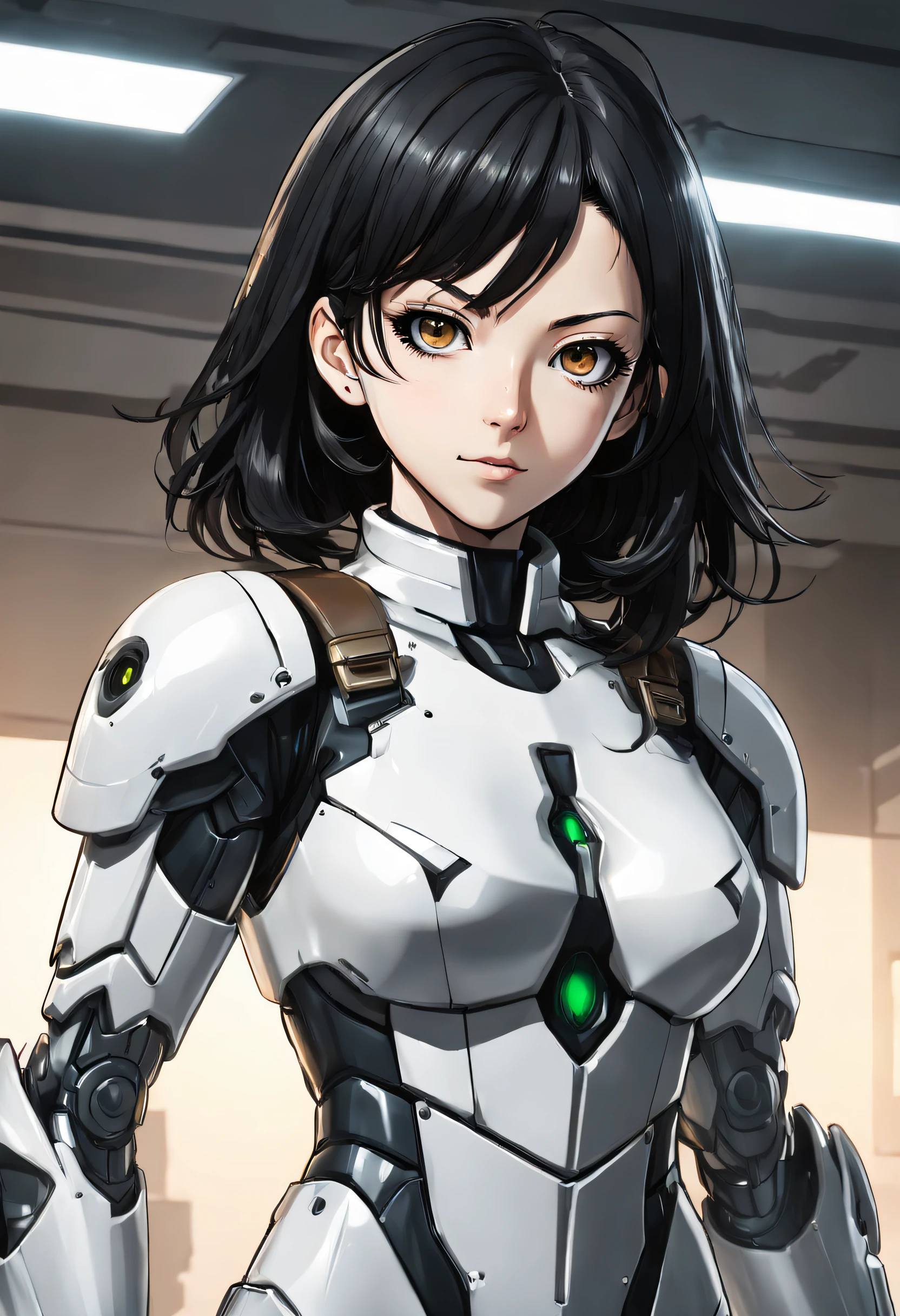 (The upper part of the body), (actual, [Japanese cartoon]), (3D:0.3), dramatic lights, ((tmasterpiece)),(quality),(A high resolution), tall void star lady, [[Covers the abs]], ((X-ray powered armor|Lined jumpsuit|White power armor) machine arm), Long black hair undercut, [evilsmile], little breast, Cover the navel, eyeline, eyeslashes, s the perfect face, beautiful nose, Detailed pupils, pretty eyes, A detailed eye, Brown eyes, perfect lips, posture on monitor, simple backgound, [My Hero Academia], (holster:1) ,
