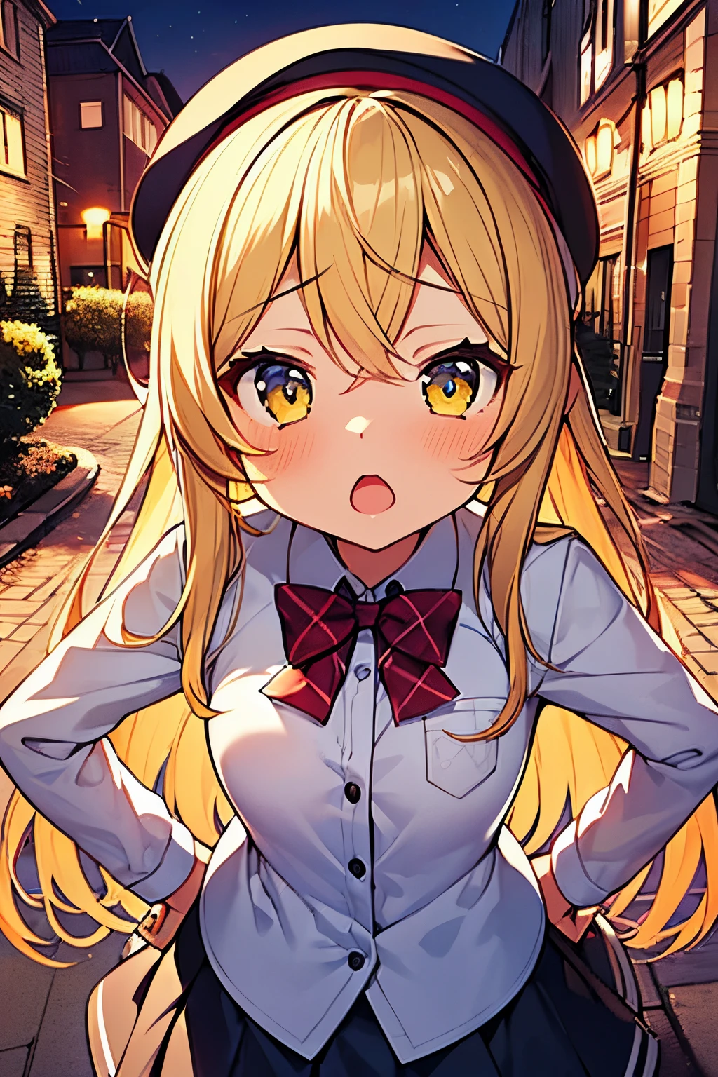 1girl. yellow hair.long hair.short stature. small breast.skirt. (((masterpiece))).(((best quality))).)((ultra-detailed))).(((illustration))).(((night view))).school uniform.magic circles.open mouth.Sad face.beret.up chest.highrise buildings.In the street.put hands on the hip.look from above.