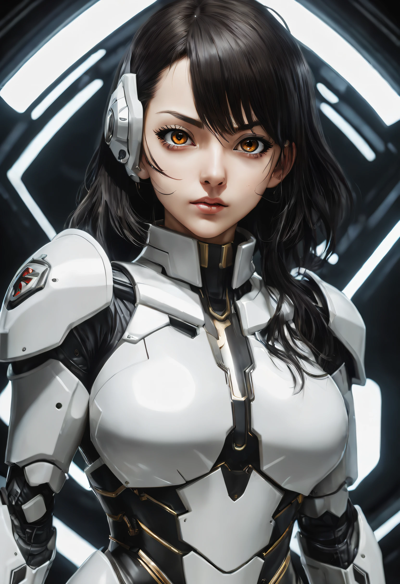 (The upper part of the body), (actual, [Japanese cartoon]), (3D:0.3), dramatic lights, ((tmasterpiece)),(quality),(A high resolution), tall void star lady, [[Covers the abs]], ((X-ray powered armor|Lined jumpsuit|White power armor) machine arm), Long black hair undercut, [evilsmile], little breast, Cover the navel, eyeline, eyeslashes, s the perfect face, beautiful nose, Detailed pupils, pretty eyes, A detailed eye, Brown eyes, perfect lips, posture on monitor, simple backgound, [My Hero Academia], (holster:1) ,