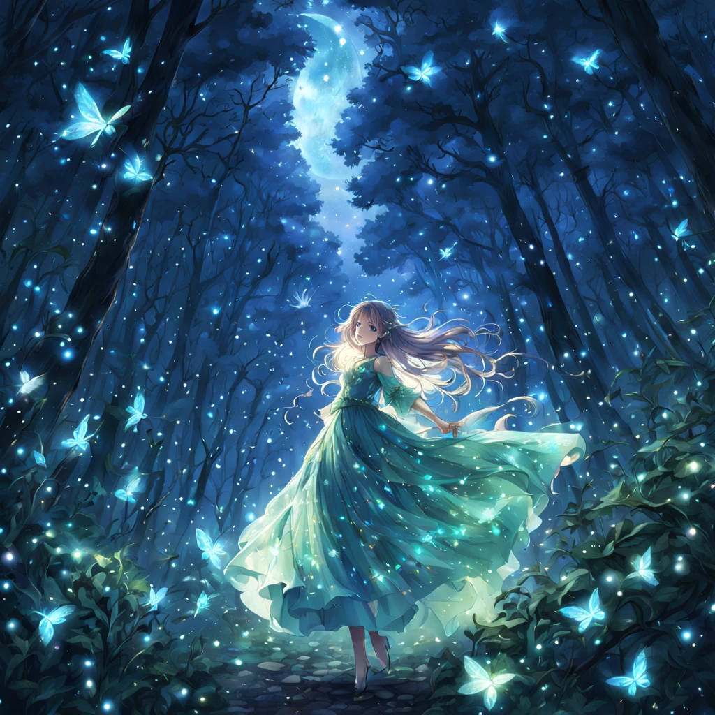 1girl in, ,,Symper Smile, high-definition picture, femele, Her hair was decorated with glowing fireflies, Enchanted and sparkling eyes. Wearing a moonlight gown, She is a tree々stands in a mysterious forest that comes to life. The scene, Bask in the ethereal glow of fireflies, Capture in the style of Magic Forest artwork., (masutepiece, Best Quality, Official art,Intricate details:1.2)