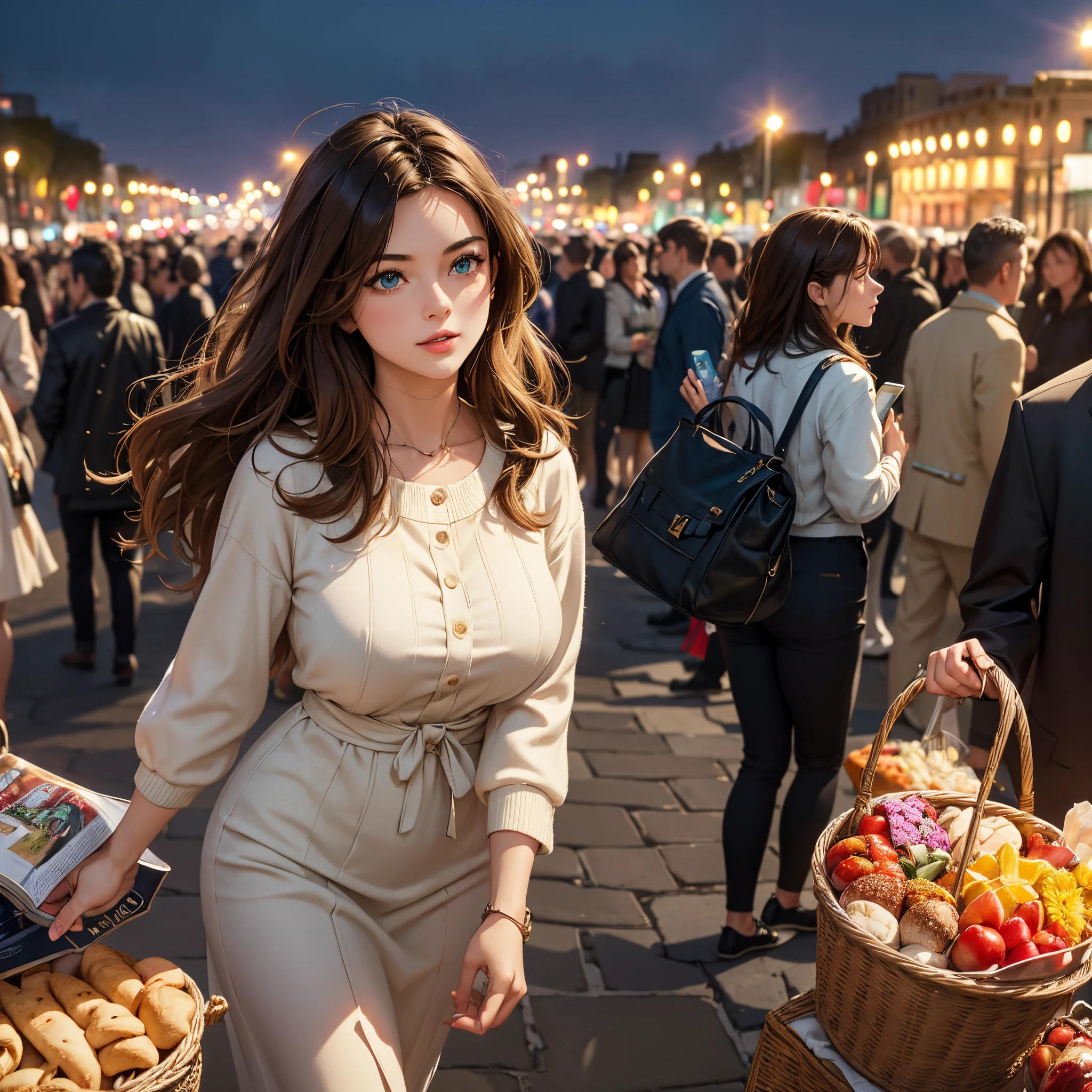 a scene in a busy France with a beautiful young woman in classic casual fashion: "Generates a vibrant visual representation of a stunning beautiful young woman at the Eiffel Tower in France. This captivating figure features deep, mesmerizing green eyes that reflect the infinite expanse of the sky Her loose brown hair shines with a touch of daylight, framing her perfect figure. She is adorned in classic, modern and fashionable casual clothing that accentuates her curves and complements her beauty. The design of classic fashion clothing radiates confidence, style, elegance, sportiness and topicality. The city around you is filled with a lively crowd of people of all ethnicities and tourists. The atmosphere is filled with the sounds of laughter, a beautiful day and the joyful energy of a day "Summer night next to the Eiffel Tower. Capture the essence of sun-drenched leisure and the charm of this beautiful Caucasian city. woman against the backdrop of a lively city scene." Super realistic 8k HDR photographic cinematic image, super detailed, super high quality image, masterpiece, dynamic poses