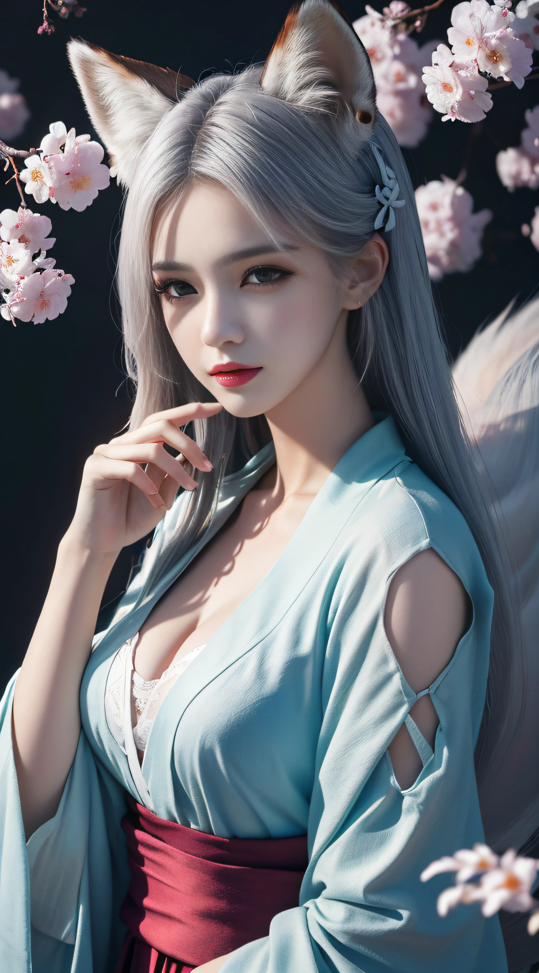 one nine-tailed fox girl wearing a kimono with her chest almost exposed, Beutiful blue eyes, skin white,pale skin, white kimono, very long white hair, fox ears, nine fox tails, chest almost visible, very large chest, very big chest 