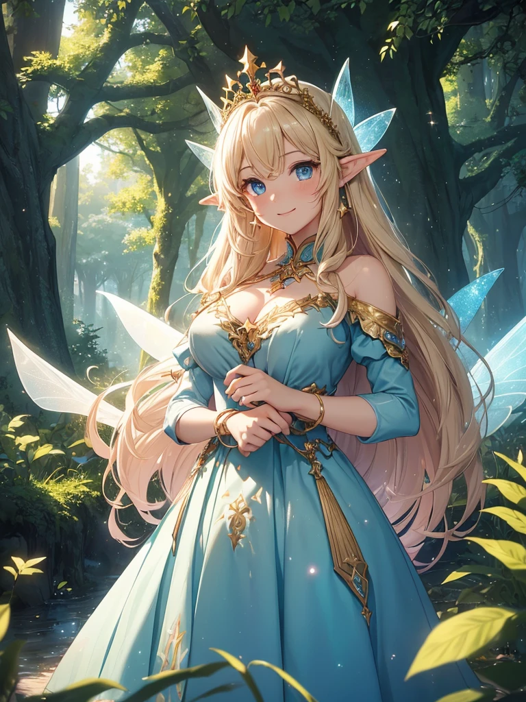 top-quality、Top image quality、masterpiece、The season is autumn、girl with((20yr old、Best Bust、big bast、Bust 90,Beautiful blue eyes、,Blonde long hair、A slender、Fairy feathers、In beautiful dresses of various colors、good mother and 、a closeup、is standing、Gold ring on wrist、beautiful tiara、hiquality、Beautiful Art、Background with((starrysky)))masutepiece、visualart、depth of fields、sky at night、、 、low angles、A sexy、Elven ears、Feathers glow in iridescent colors、light magic、in beautiful woods、Big trees、mid night、Flute melodies🎵、Fun Concerts、Happy smile、Gentle light、Fairy House