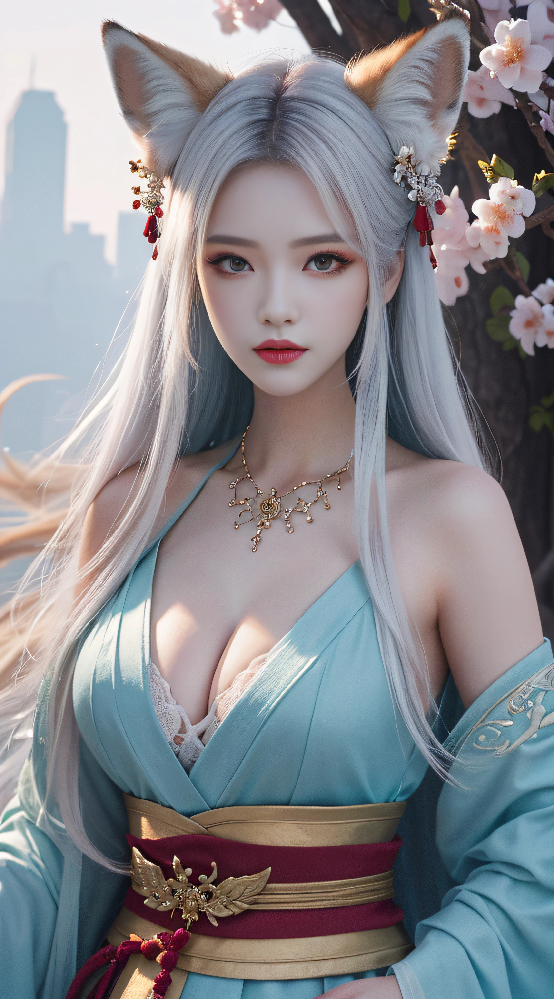 1girll，独奏，（tmasterpiece：1.2），beautifuldetails，Extremely colorful，Exquisite details，s delicate face，eyes with brightness，The details are complex，Realiy，Ultra photo realsisim，A very beautiful girl and a white-haired fox sat on a branch：1.1，big breasts，seductiv，ethereal fox，nine tail fox，Fox three-tailed fox，Onmyoji detailed art，Nine tails，A beautiful artwork illustration，mythological creatures，red fox，Beautiful digital artwork，Exquisite digital illustration，mizutsune , Inspired by the mythical creature wildnet，Digital art on Pixiv，hight contrast，Dark atmosphere，The art of fine arts，Perfect visual composition, blossom background, oil skin, mount close, hanfu, (five fingers)
