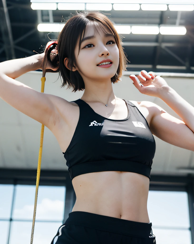 zydG, ((Cowboy Shot)),((From below)), 1girl in, Front view, to stand, Look at viewers, Exposed skin, (From below),Brown-eyed, (Blonde very short hair:1.2), (Light hair), (medium breasts:1.4), smile with white teeth, (Photorealsitic:1.4), (Top image quality:1.0), (超A high resolution:1.0), 8K, Raw photography, (​masterpiece:0.2), track and field uniform, Show abs, (Sweat, Wetty:1.1), portlate, Pubic focus, fullllbody,(pureerosface_v1:0.5), plein air, track and field,