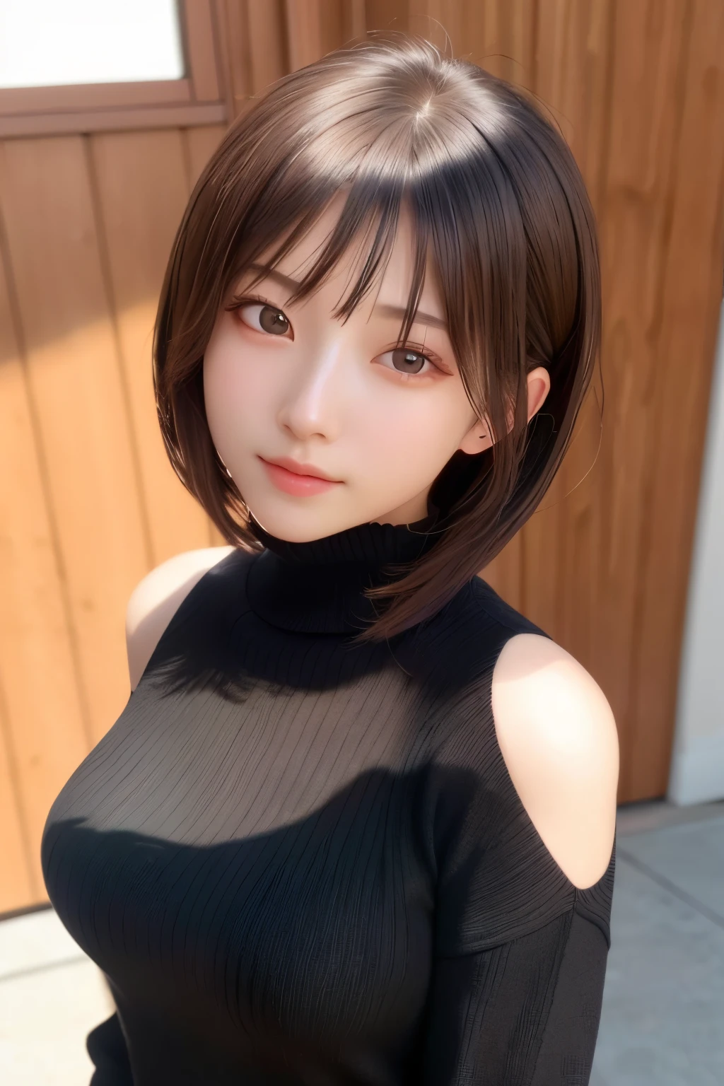超A high resolution,masutepiece,Best Quality, Photorealsitic, Very delicate face in 8K,Detailed eyes,very intricate,perfect glossy shiny skins,Perfect Lighting,Detailed Lighting,Dramatic shadows,Ray tracing,
1girll,full body Esbian,Black sweater,medium breasts、