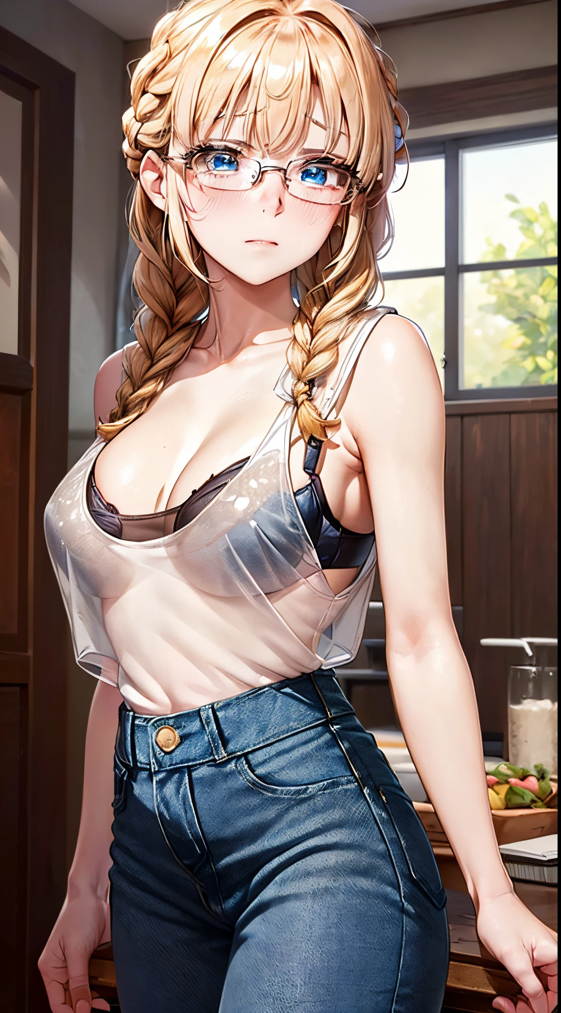 1womanl,Golden head hair, ,((Impatient expression)),Beautiful breasts,,well-styled,,(Facing the front)(((Blushing cheeks、Surprised look)),(((Braids))),((( Upper body portrait)))Frameless glasses,Blue eyes,(((Bangs are aligned)))(())(((Sexy Bra))),(((See-through white tank top))),(denim short pants)