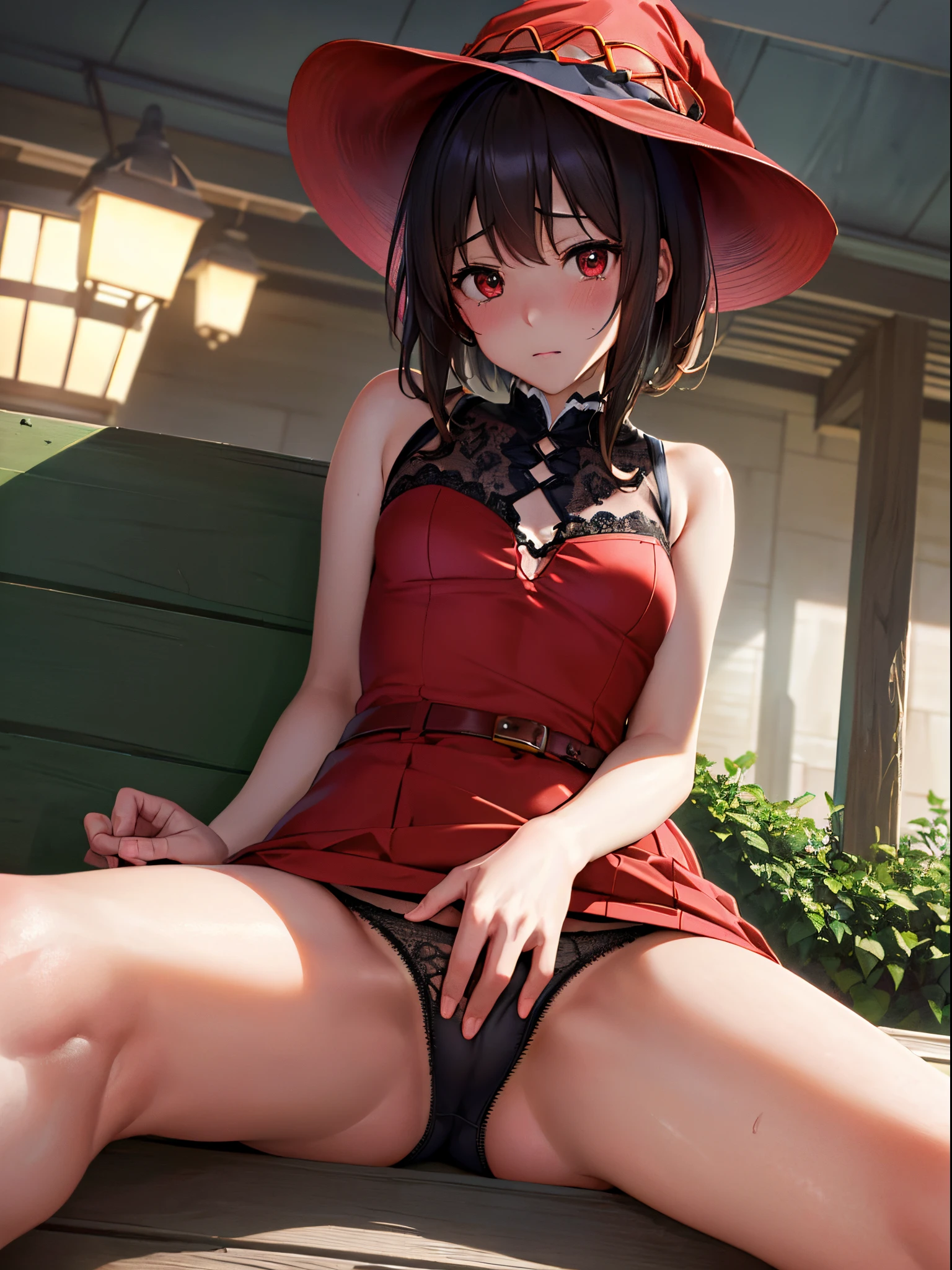 (masutepiece, Best Quality、超A high resolution、Photorealsitic:1.2、Isekai Fantasy),hyperrealistic illustrations,Perfect focus,Perfect body、(beauitful face:1.4)、独奏、 1人の女性,Megumin, Short hair, Dress, Red dress, hat, Witch Hat, Belt bag,On a park bench,((Lying on your back:1.3)),(Spread legs:1.3) ,(Ultra Micro Panties,Deeply bitten panties,Very thin wet panties),(:1.4),Looking at Viewer, Cute, tiny chest,small tits, red eyes, Dark hair,Beautiful detailed eyes, Detailed skin,Detailed clothing,Detailed panties,Detailed female genitalia,embarrassed:0.5, is crying:0.4,Late night bedroom background,(Low position shooting: 1.5),(Close-up in the crotch:1.42),full of sweat、(Ceiling from below:1.2)