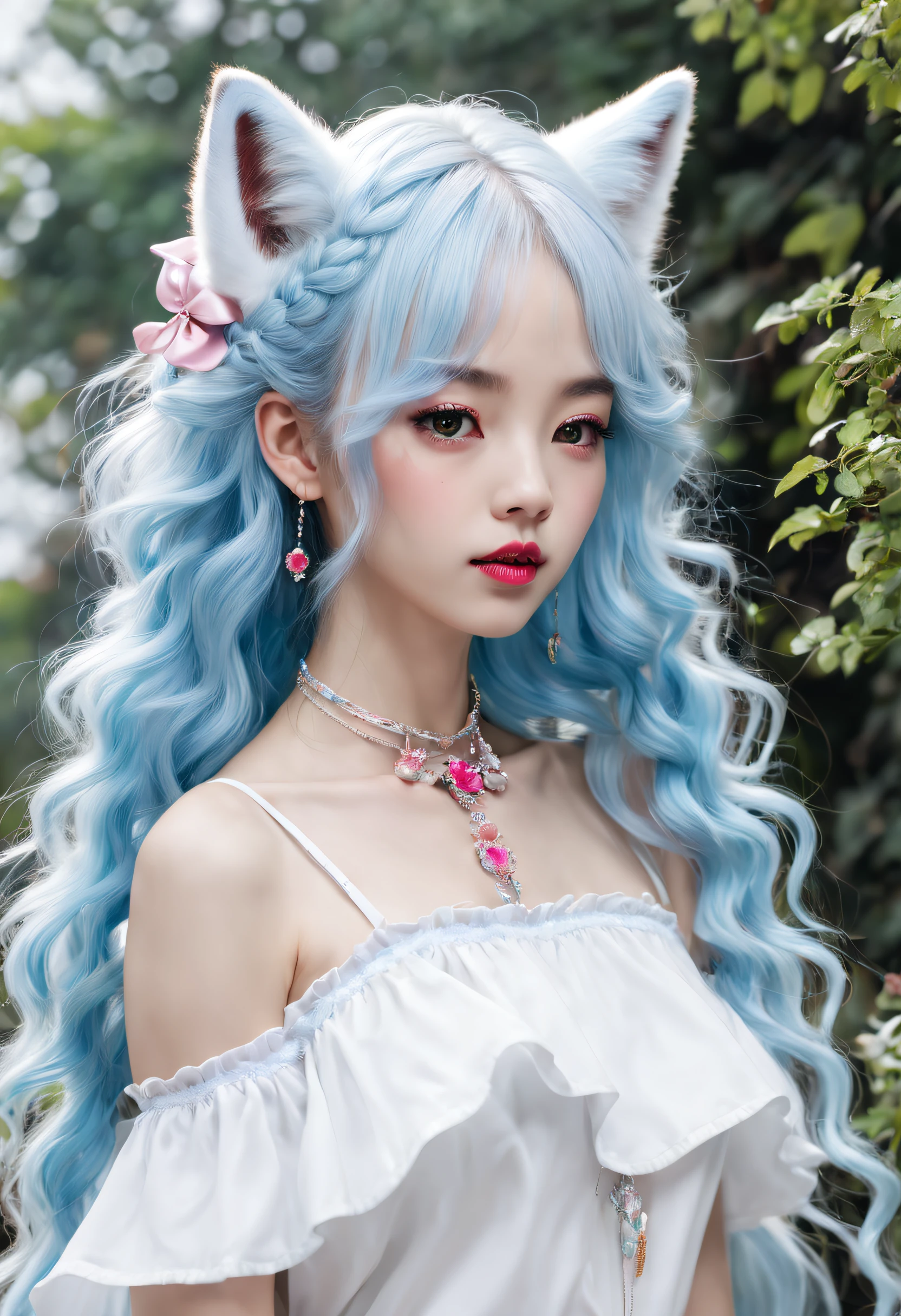 tmasterpiece, Best quality at best, A high resolution, (white backgrounid: 1.4), [glitters], [looking at viewert, sportrait, 1 sweet chinese girl], (long whitr hair, Blue hair, Wavy curly hair, Colorful twisted braids: 1.3, fluffy fox ears, Air bangs), White off-the-shoulder short sleeves, exquisite facial features, redish pink lips, 耳Nipple Ring, choker necklace