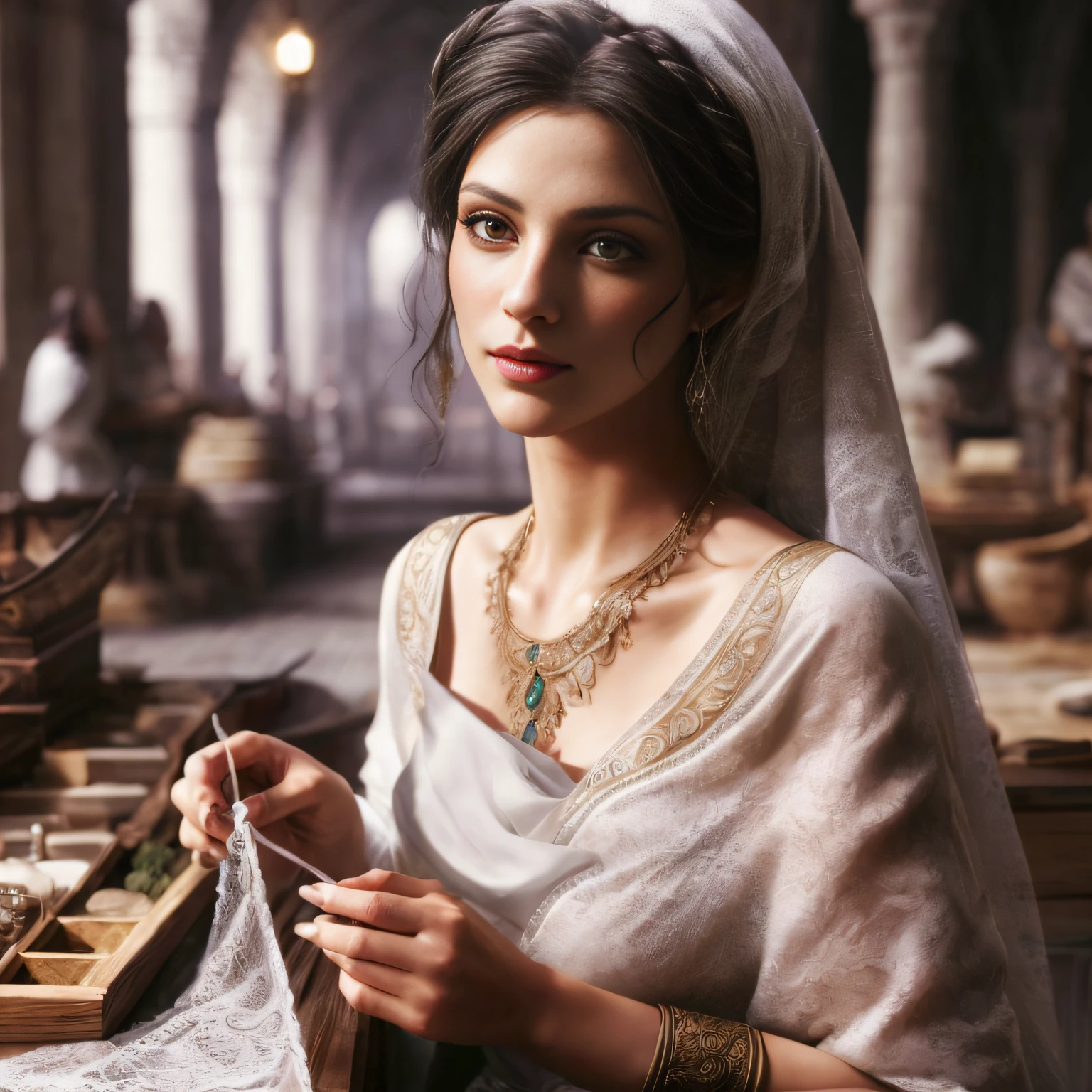 shapely woman in white dress and veil sewing a piece of fabric, princesa medieval, elfo feminino bonito e elegante, elfo bonito com vestes ornamentadas, vestidos com roupas romanas, donzela bonita, estilo medieval, beautiful elven princess, Retrato de Megara, master part! Retrato de Arwen, Lara Croft Medieval, vestidos com roupas medievais, mulher linda, arte do jogo de fantasia medieval