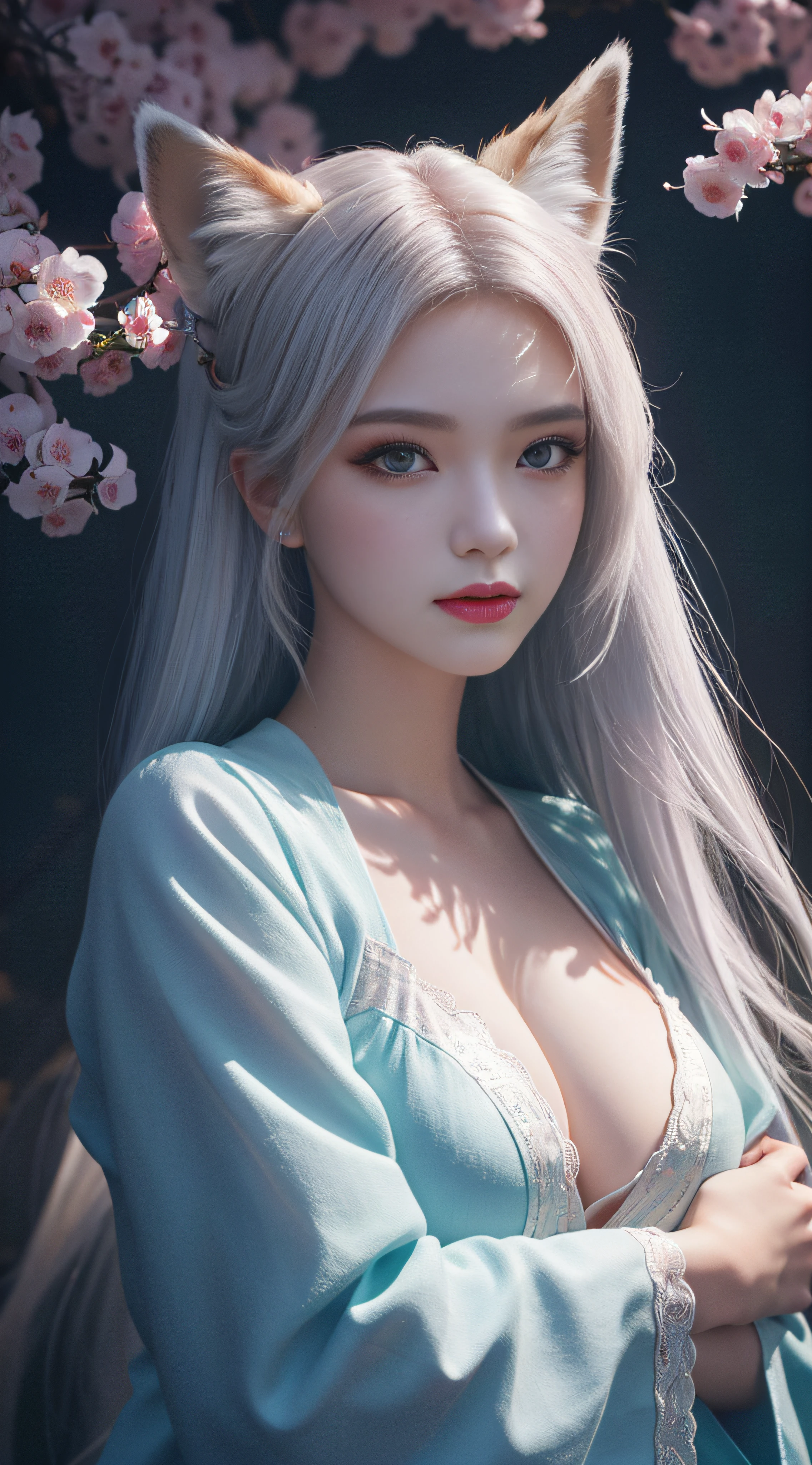 1girll,独奏,(tmasterpiece:1.2),beautifuldetails,Extremely colorful,Exquisite details,s delicate face,eyes with brightness,The details are complex,Realiy,Ultra photo realsisim,A very beautiful girl and a white-haired fox sat on a branch:1.1,big breasts,seductiv,ethereal fox,nine tail fox,Fox three-tailed fox,Onmyoji detailed art,Nine tails,A beautiful artwork illustration,mythological creatures,red fox,Beautiful digital artwork,Exquisite digital illustration,mizutsune , Inspired by the mythical creature wildnet,Digital art on Pixiv,hight contrast,Dark atmosphere,The art of fine arts,Perfect visual composition, blossom background, oil skin, mount close, red hanfu, (five fingers)