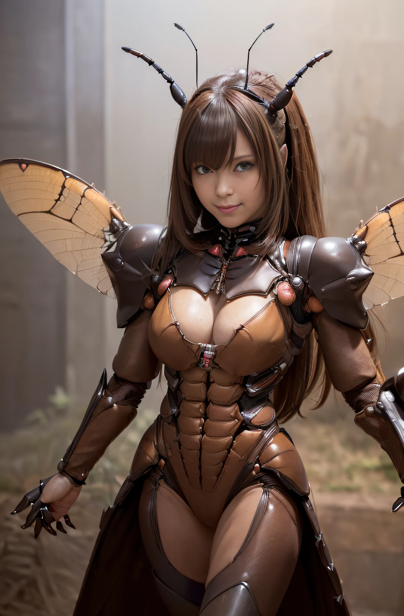 (high resolution,masterpiece,best quality,extremely detailed CG, anime, official art:1.4), realistic, photo, amazing fine details, all intricate, gloss and shiny,awesome many layers, 8k wall paper, 3d, sketch, kawaii, illustration,( solo:1.4), perfect female proportion,villainess, (fusion of dark brown cockroach and lady:1.4), (brown cockroach form lady:1.2), (brown cockroach lady:1.2), (fusion:1.2), (solo:1.4), (evil smile:1.2), muscular, abs, (cockroach brown exoskeleton bio insect suit:1.4), (cockroach brown exoskeleton bio insect armor:1.2), (brown transparency cockroach wing:1.4), (brown cockroach antennae:1.3),
