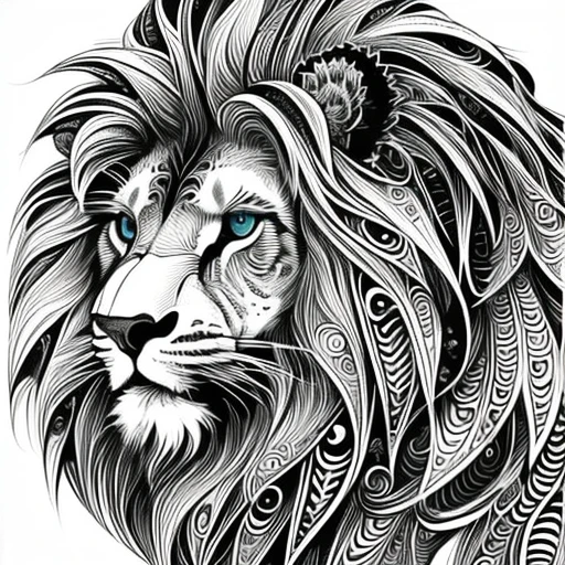 Maincoon lion, (best quality) zentangle, fine line drawing, fine line art, colouring book illustrations, ultra-detailed, intricate linework, highly detailed illustration, perfect composition, beautiful and stunning, dynamic angle, high contrast, incredible shading, incredible detail, unique style, multi colored details, (dark and mystical atmosphere), intricate and detailed nature elements, blue eyes