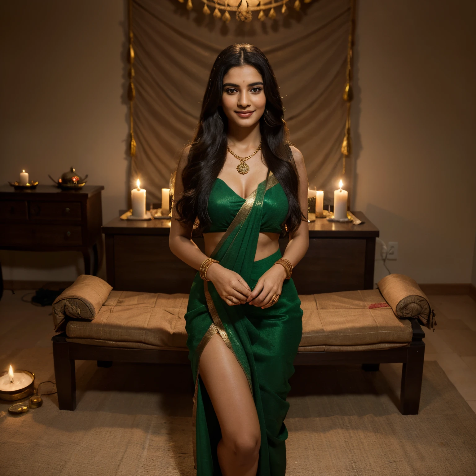 One woman of about 20 years old, black long hair, body measurement 36-25-36, height 5'7", Hazel eyes, wearing red and green dress, wearing saree, holding a lit diya, traditional beauty, gold necklace jewelry, diwali celebration, candle lights, clay diya lights, oil lamp in hand, smiling, fair skin, candid pose, Full Body full height Shooting, Masterpiece, traditional Photography, 8k, Top Quality, Fine Pore, Photorealistic, Ultra Detailed, (high skin detail:1.2),Extremely detailed,Intricate, sharp-focus