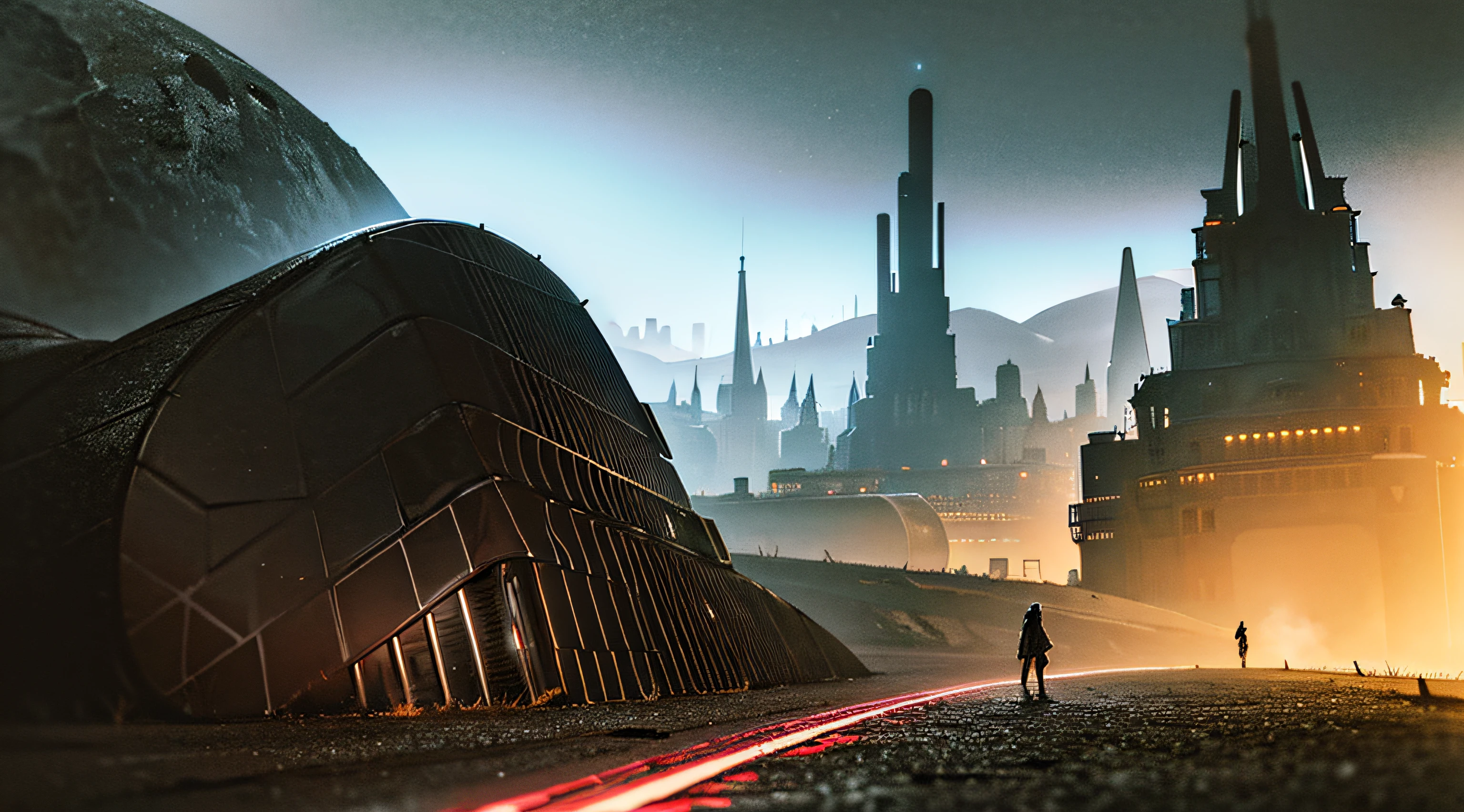 Dark Fantasy, The fantastic scenery, highly detailed landscape, Moonlight, Alien City The Future of Science Fiction, dark art, Dystopian atmosphere, Mechanical and retro world, land like cappadocia, light from building windows, Strange architecture and streets inspired by Antonio Gaudi, dark sky, Overcast sky, grey sky, Retro analog synthesizer shape, Mechanized anime girl playing a retro analog synthesizer