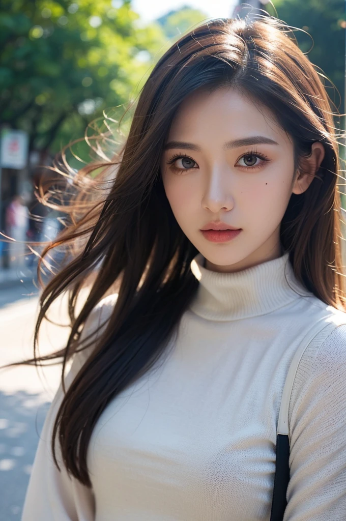 (of、Turtleneck sweater、shoulder bags)、(top-quality, tmasterpiece:1.3, 超高分辨率, ), (ultra - detailed, Caustics), (真实感:1.4, RAW shooting, )Hyper-realistic capture, A very detailed one, HD 16K human skin、Natural skin texture、、Skin looks healthy、even skintone、Use natural light and color、A woman who is、a person、、kawaii、A brunette one、mid hair、 (depth of fields、color difference、Wide range of lighting、naturalshadow、)、(Hair swaying in the wind:1.2)、Streets of Tokyo, silver hair, mole under eye, aqua eyes, makeup, shy, Surrealism, god rays, best quality