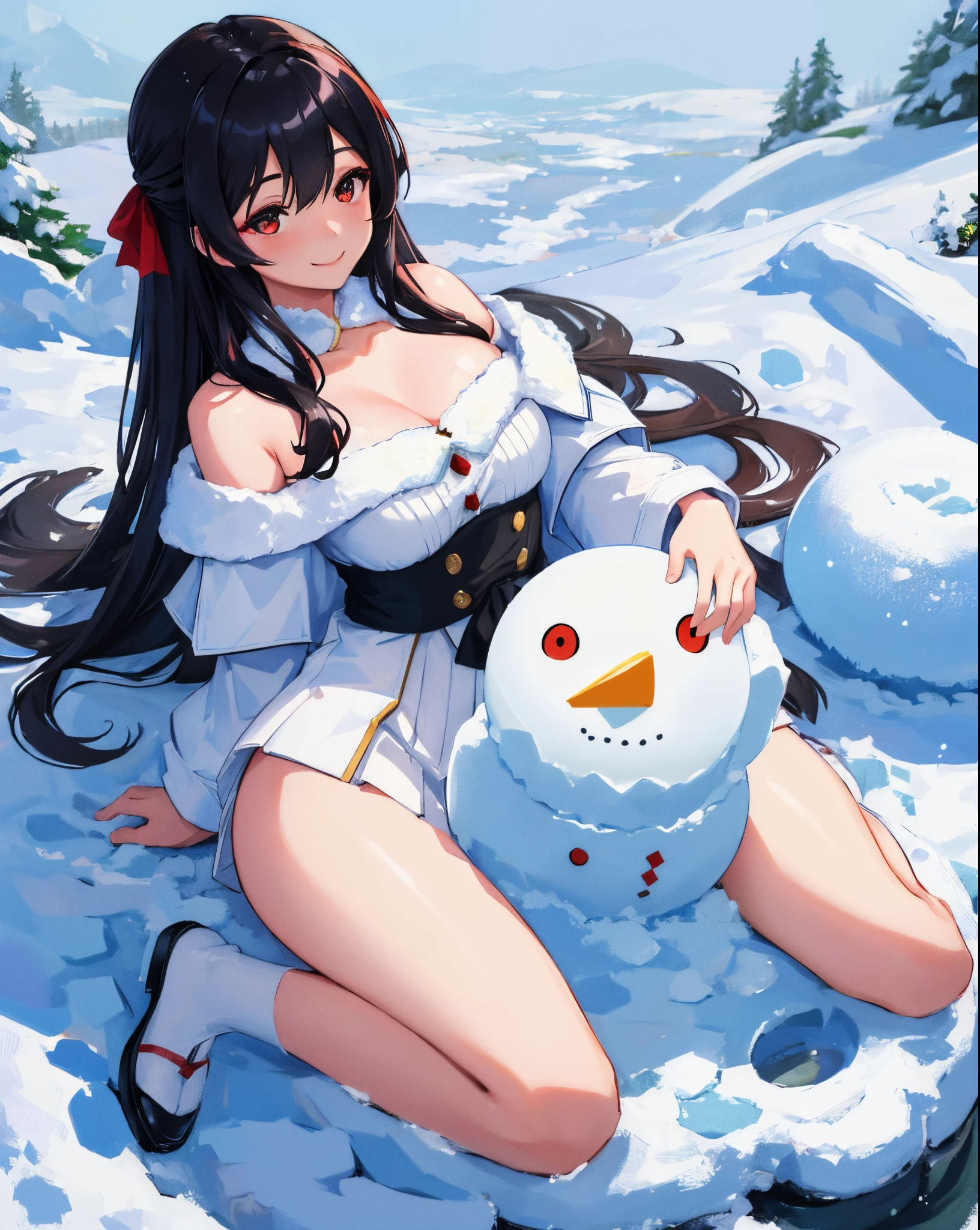 (masterpiece:1.5), illustration, 4k, 8k, (high quality:1.1),  (snowman),highly detailed, detailed face, HDR, vivid colors, natural lighting, pretty eyes, beautiful face, full body, 1girl, fashi-girl, makeup, realistic, black hair, long hair, hair bow, red eyes, off shoulder, pleated skirt, (snow), winter, evergreen trees, snowing,, smile,