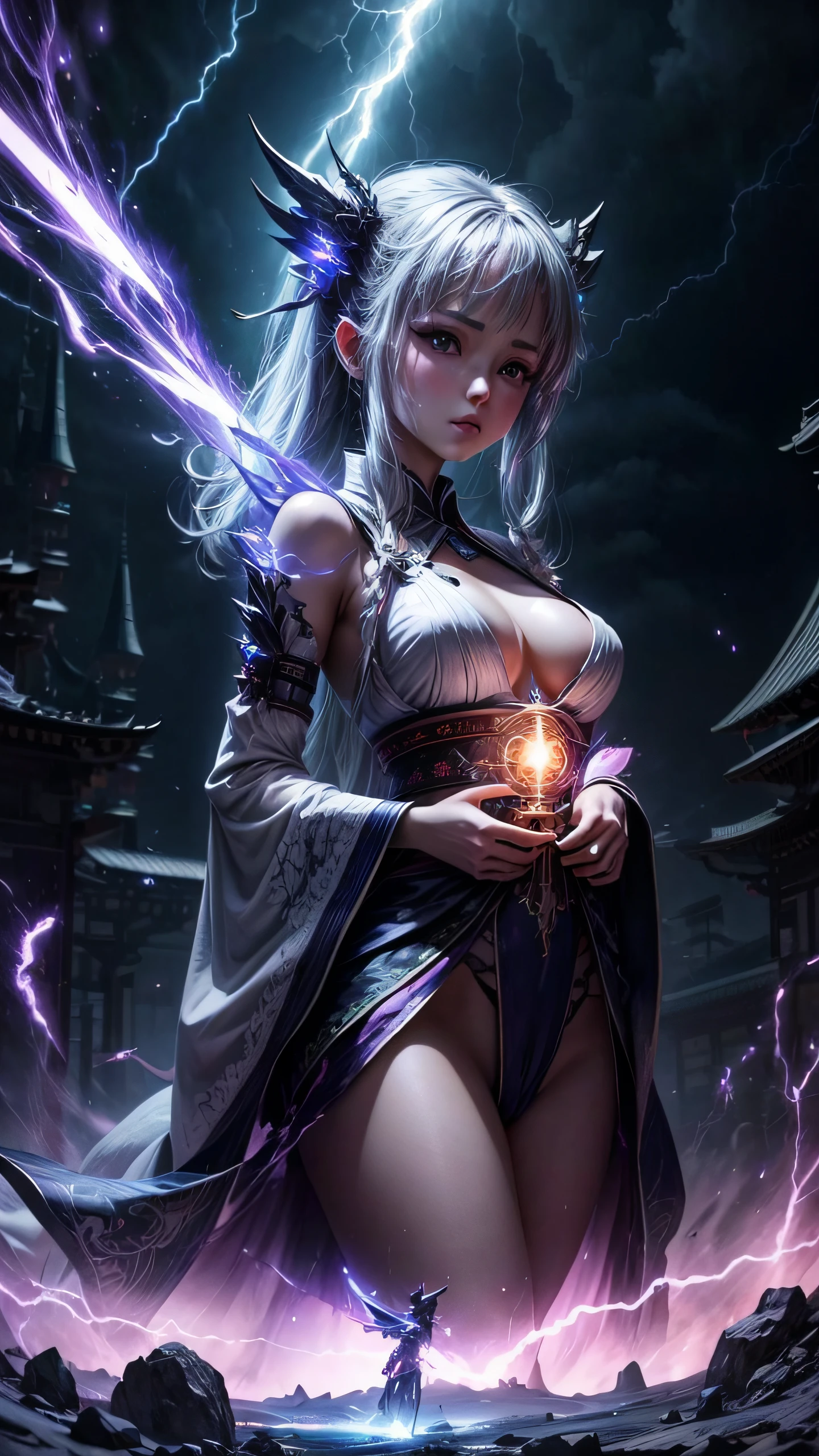 hight resolution、8K、A MILF、digital ruler、shrine maiden、surrounded by plasma、Cyber World、Electronic World、Electronic City、Lightning、Spark、Aurora