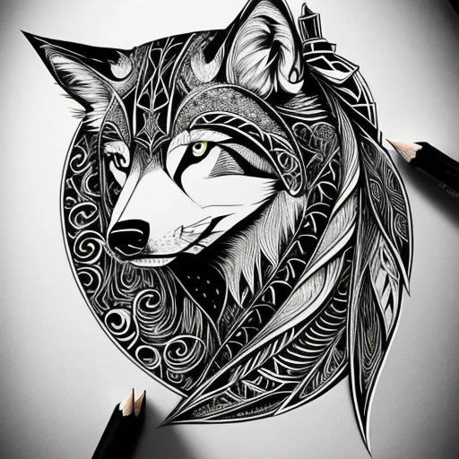 Maincoon wolf, (best quality) zentangle, fine line drawing, fine line art, colouring book illustrations, ultra-detailed, intricate linework, highly detailed illustration, perfect composition, beautiful and stunning, dynamic angle, high contrast, incredible shading, incredible detail, unique style, multi colored details, (dark and mystical atmosphere), intricate and detailed nature elements, dark blue eyes