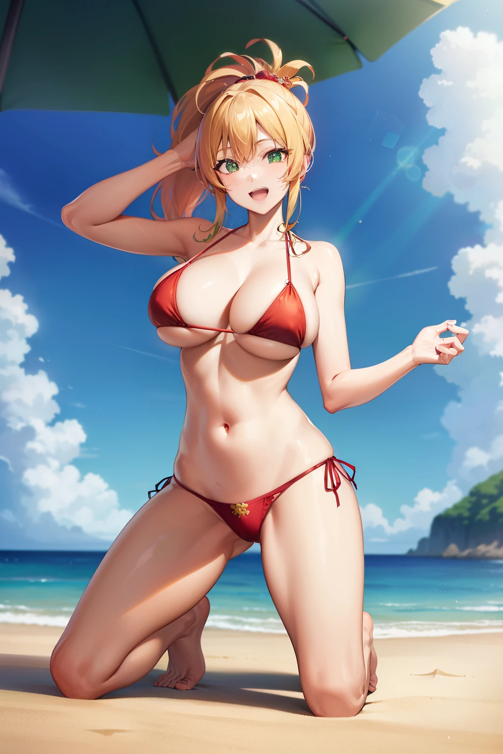 Yukana Yame, Yukana Yame, Long hair, Bangs, Blonde hair, hair between eye, (Green eyes:1.5), Ponytail, multicolored hair, makeup,B,Naughty big、large full breasts、BREAK looking at viewer, Full body,BREAK (masutepiece:1.2), Best Quality, High resolution, Unity 8k壁纸, (Illustration:0.8), (Beautiful detailed eyes:1.6), extra detailed face, Perfect Lighting, extremely details CG, (Perfect hands, Perfect Anatomy),Smile with open mouth、(the beach:1.3),  (Red bikini:1.3)、