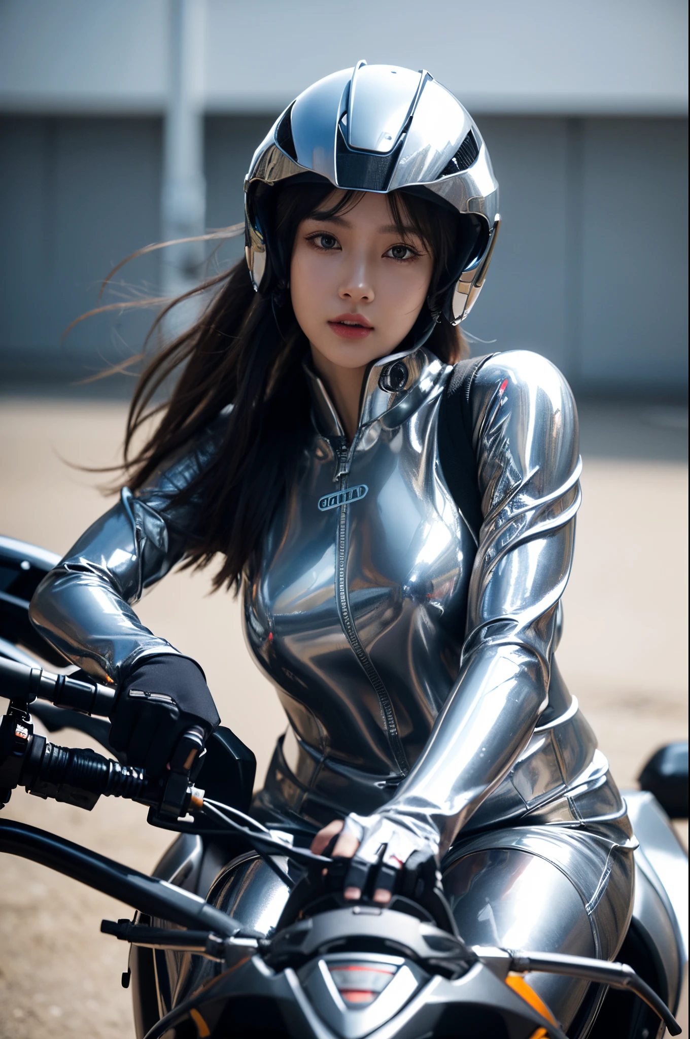 Highest image quality, outstanding detail, ultra-high resolution, (realism: 1.4), the best illustration, favor details, highly condensed 1girl, looking at viewer,with a delicate and beautiful face, wearing a silver mech, wearing a mecha helmet, holding a directional controller, riding on a motorcycle, the background is a high-tech lighting scene of the future city.