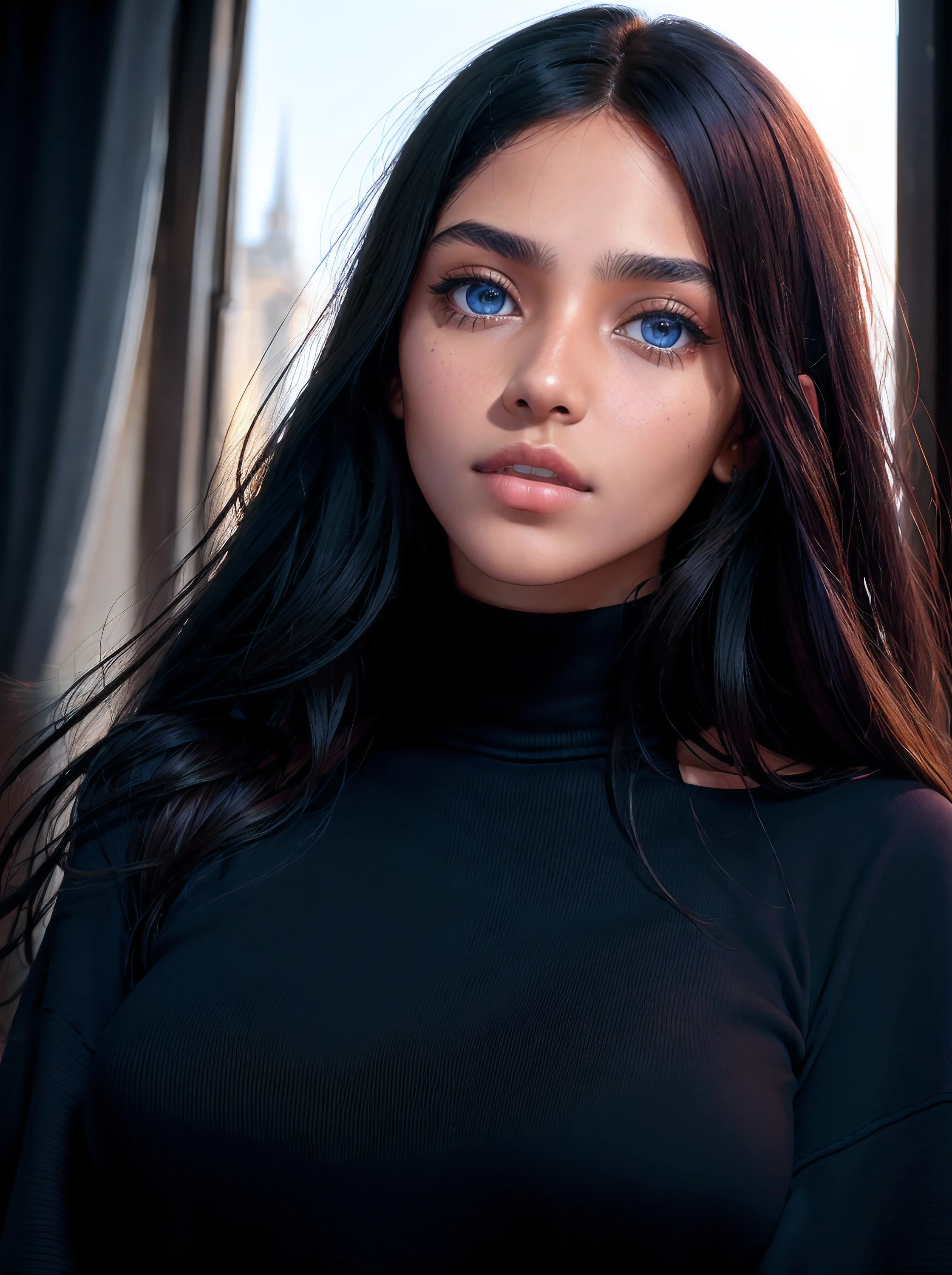 high angle photo of a gorgeous young woman in the style of stefan kostic, very very long hair, very big blue eyes, realistic skin texture, looks up,black sweatshirt, 1 / 2 body crop, 8 5 mm art lens, f 1. 2, sharp focus, 8 k high definition, insanely detailed, intricate, elegant, art by stanley lau and artgerm