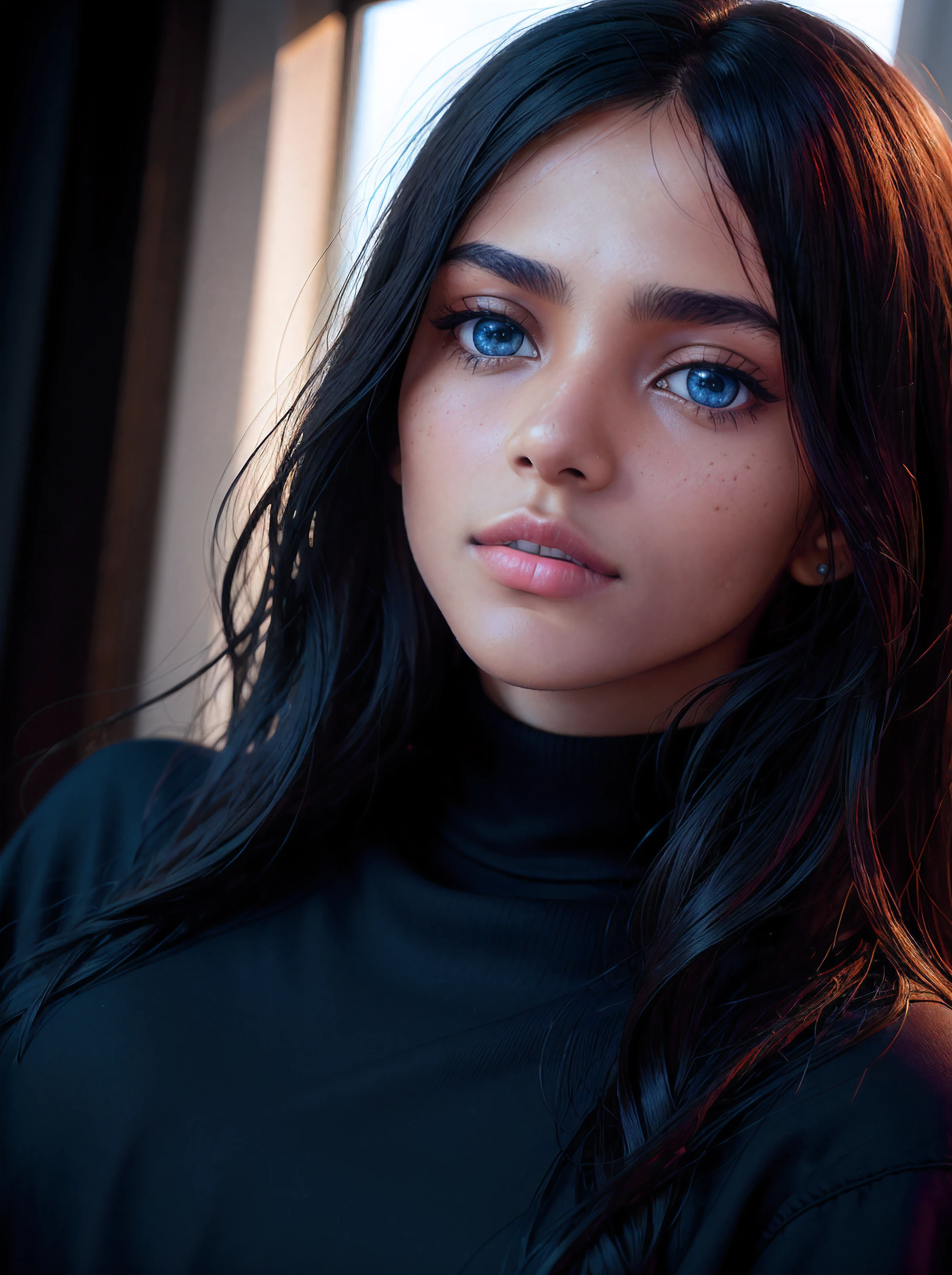 high angle photo of a gorgeous young woman in the style of stefan kostic, very very long hair, very big blue eyes, realistic skin texture, looks up,black sweatshirt, 1 / 2 body crop, 8 5 mm art lens, f 1. 2, sharp focus, 8 k high definition, insanely detailed, intricate, elegant, art by stanley lau and artgerm