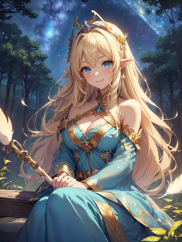 top-quality、Top image quality、masterpiece、girl with((20yr old、Best Bust、big bast、Bust 90,Beautiful blue eyes、,Blonde long hair、A slender、Fairy feathers、In beautiful dresses of various colors、a closeup、is standing、Gold ring on wrist、beautiful tiara、hiquality、Beautiful Art、Background with((starrysky)))masutepiece、visualart、depth of fields、sky at night、、 、low angles、A sexy、Elven ears、Feathers glow in iridescent colors、light magic、in beautiful woods、Big trees、mid night、Flute melodies🎵、Fun Concerts、Happy smile、Gentle light