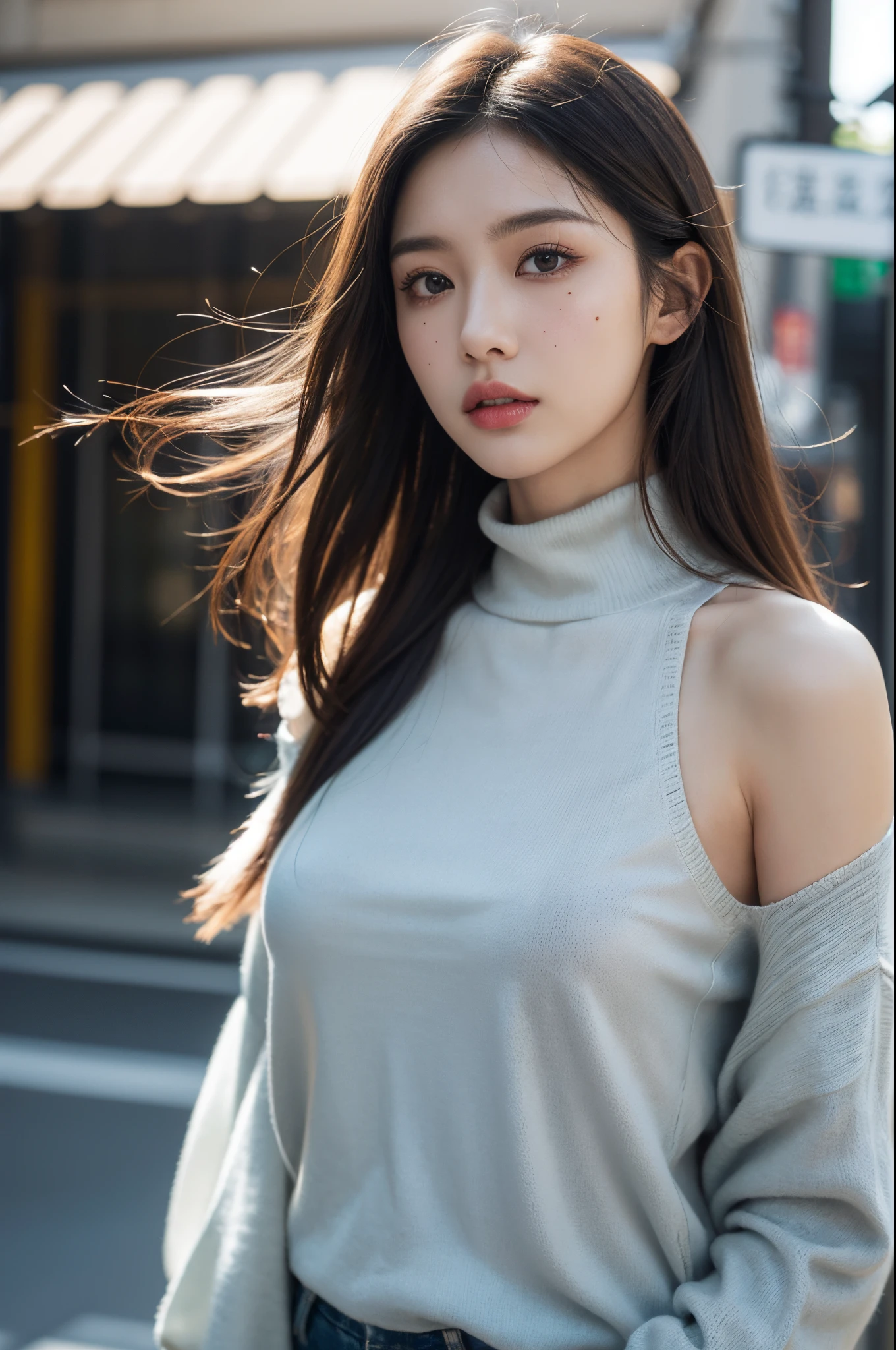 (of、Turtleneck sweater、shoulder bags)、(top-quality, tmasterpiece:1.3, 超高分辨率, ), (ultra - detailed, Caustics), (真实感:1.4, RAW shooting, )Hyper-realistic capture, A very detailed one, HD 16K human skin、Natural skin texture、、Skin looks healthy、even skintone、Use natural light and color、A woman who is、a person、、kawaii、A brunette one、mid hair、 (depth of fields、color difference、Wide range of lighting、naturalshadow、)、(Hair swaying in the wind:1.2)、Streets of Tokyo, silver hair, mole under eye, aqua eyes, makeup, shy, Surrealism, god rays, best quality
