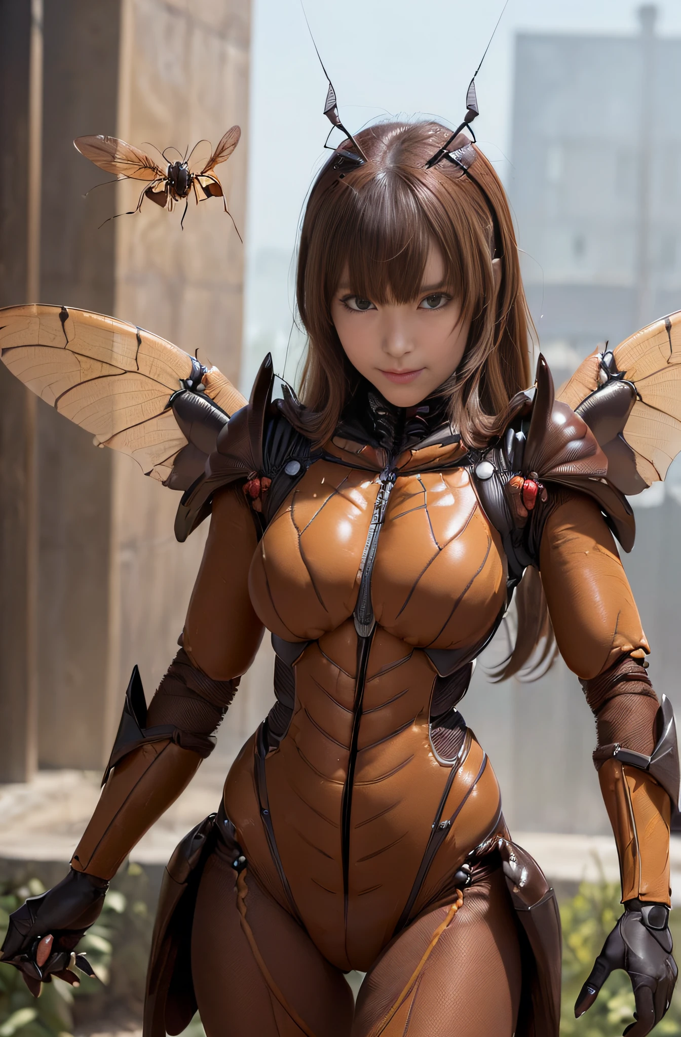 (high resolution,masterpiece,best quality,extremely detailed CG, anime, official art:1.4), realistic, photo, amazing fine details, all intricate, gloss and shiny,awesome many layers, 8k wall paper, 3d, sketch, kawaii, illustration,( solo:1.4), perfect female proportion,villainess, (fusion of dark brown cockroach and lady:1.4), (brown cockroach form lady:1.2), (brown cockroach lady:1.2), (fusion:1.2), (solo:1.4), (evil smile:1.2), muscular, abs, (cockroach brown exoskeleton bio insect suit:1.4), (cockroach brown exoskeleton bio insect armor:1.2), (brown transparency cockroach wing:1.4), (brown cockroach antennae:1.3),