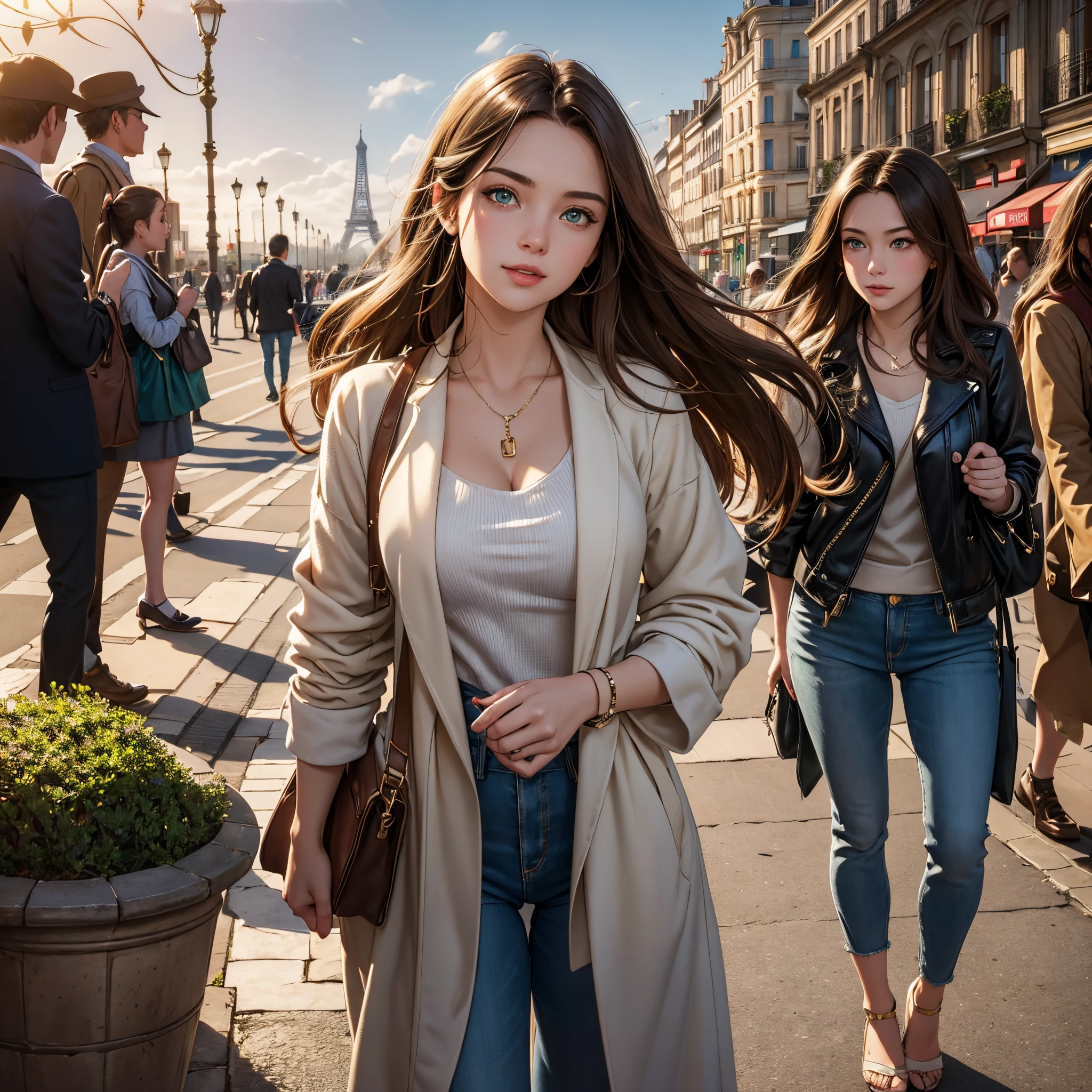 a scene in a busy France with a beautiful young woman in classic casual fashion: "Generates a vibrant visual representation of a stunning beautiful young woman at the Eiffel Tower in France. This captivating figure features deep, mesmerizing green eyes that reflect the infinite expanse of the sky Her loose brown hair shines with a touch of daylight, framing her perfect figure. She is adorned in classic, modern and fashionable casual clothing that accentuates her curves and complements her beauty. The design of classic fashion clothing radiates confidence, style, elegance, sportiness and topicality. The city around you is filled with a lively crowd of people of all ethnicities and tourists. The atmosphere is filled with the sounds of laughter, a beautiful day and the joyful energy of a day "Summer night next to the Eiffel Tower. Capture the essence of sun-drenched leisure and the charm of this beautiful Caucasian city. woman against the backdrop of a lively city scene." Super realistic 8k HDR photographic cinematic image, super detailed, super high quality image, masterpiece, dynamic poses