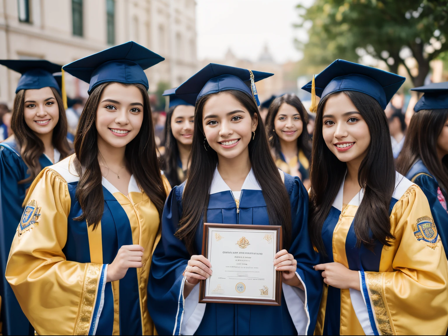 8k, highest quality, ultra details, sofia, hispanic student, graduation gown, holding diploma, proud smile, friends and family cheering